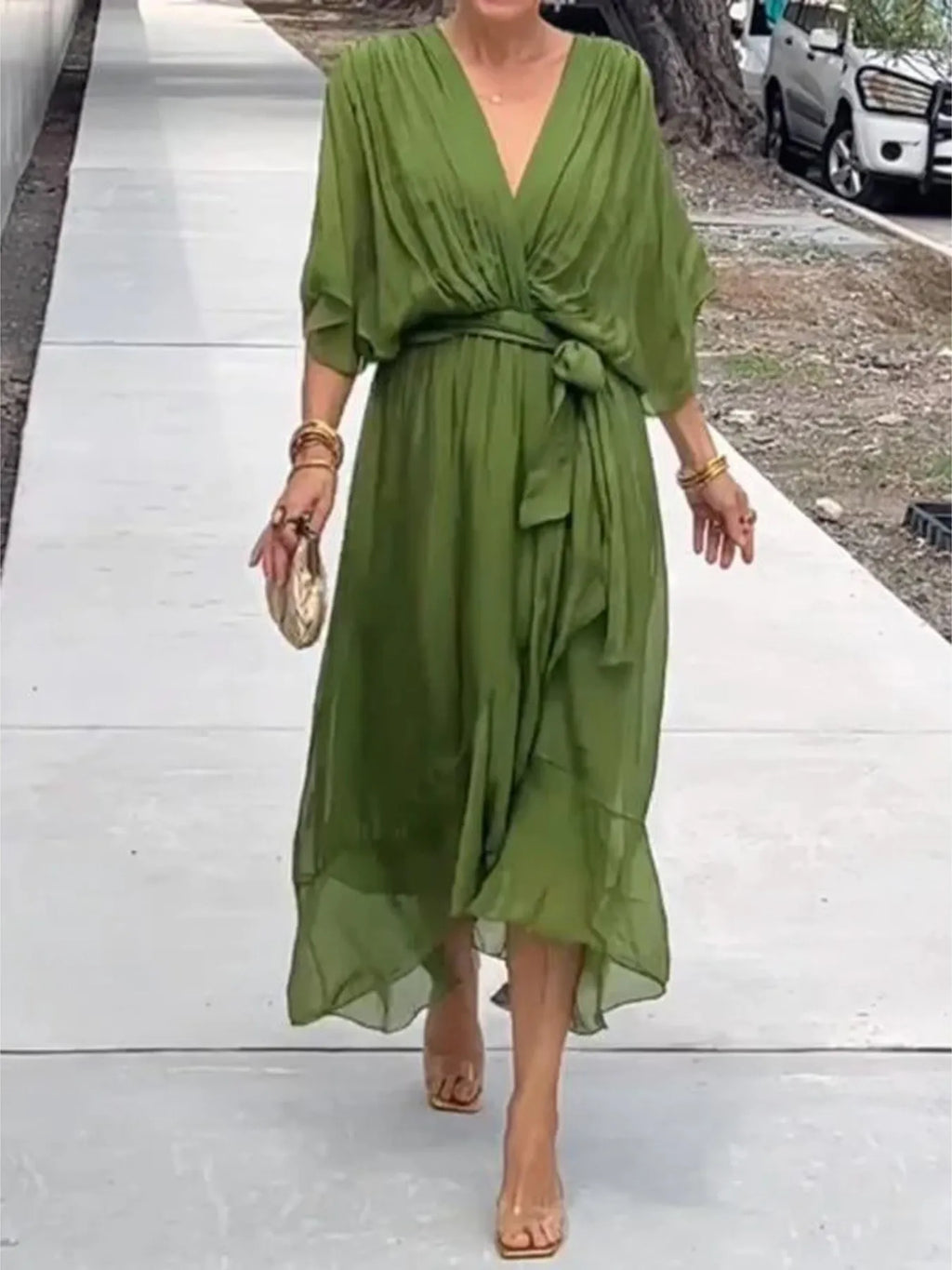 Full Size Flowy Tie Front Midi Dress with Flutter Sleeves Plus Size