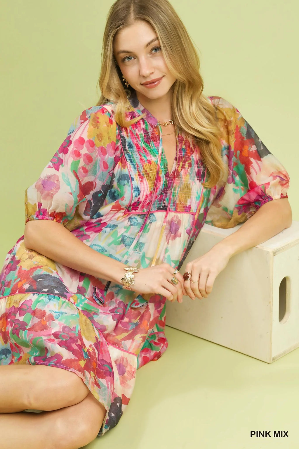 Umgee Mix Watercolor Floral Babydoll Dress