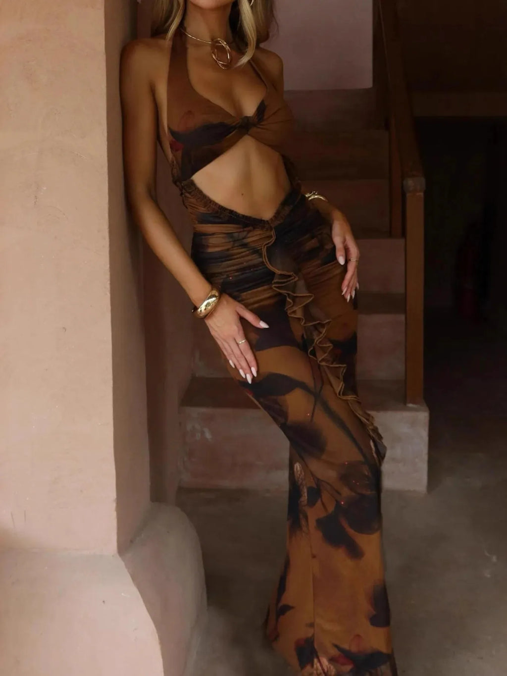 Cutout Printed Halter Neck Maxi Dress