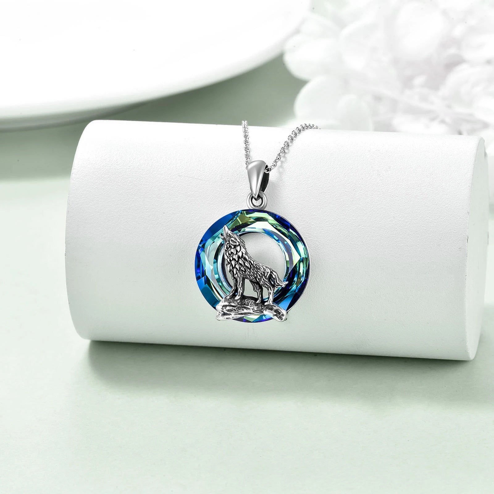 Sterling Silver Viking Wolf Earrings Necklace Jewelry with Crystal