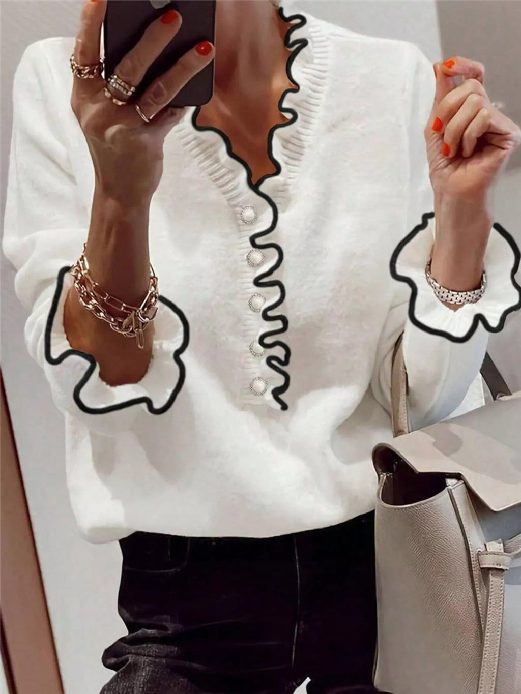 Ruffled Trim Button Front Sweater