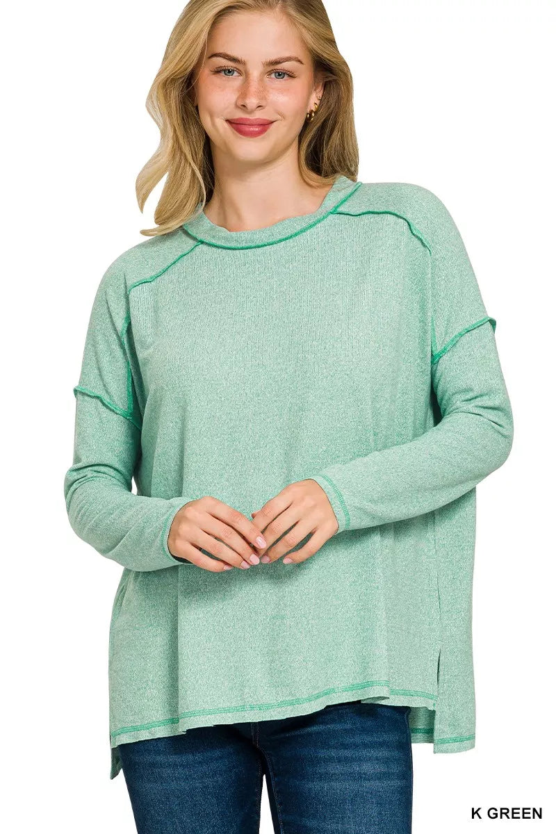 Zenana Full Size Melange Hacci Exposed Seam Hi-low Tee Plus Size