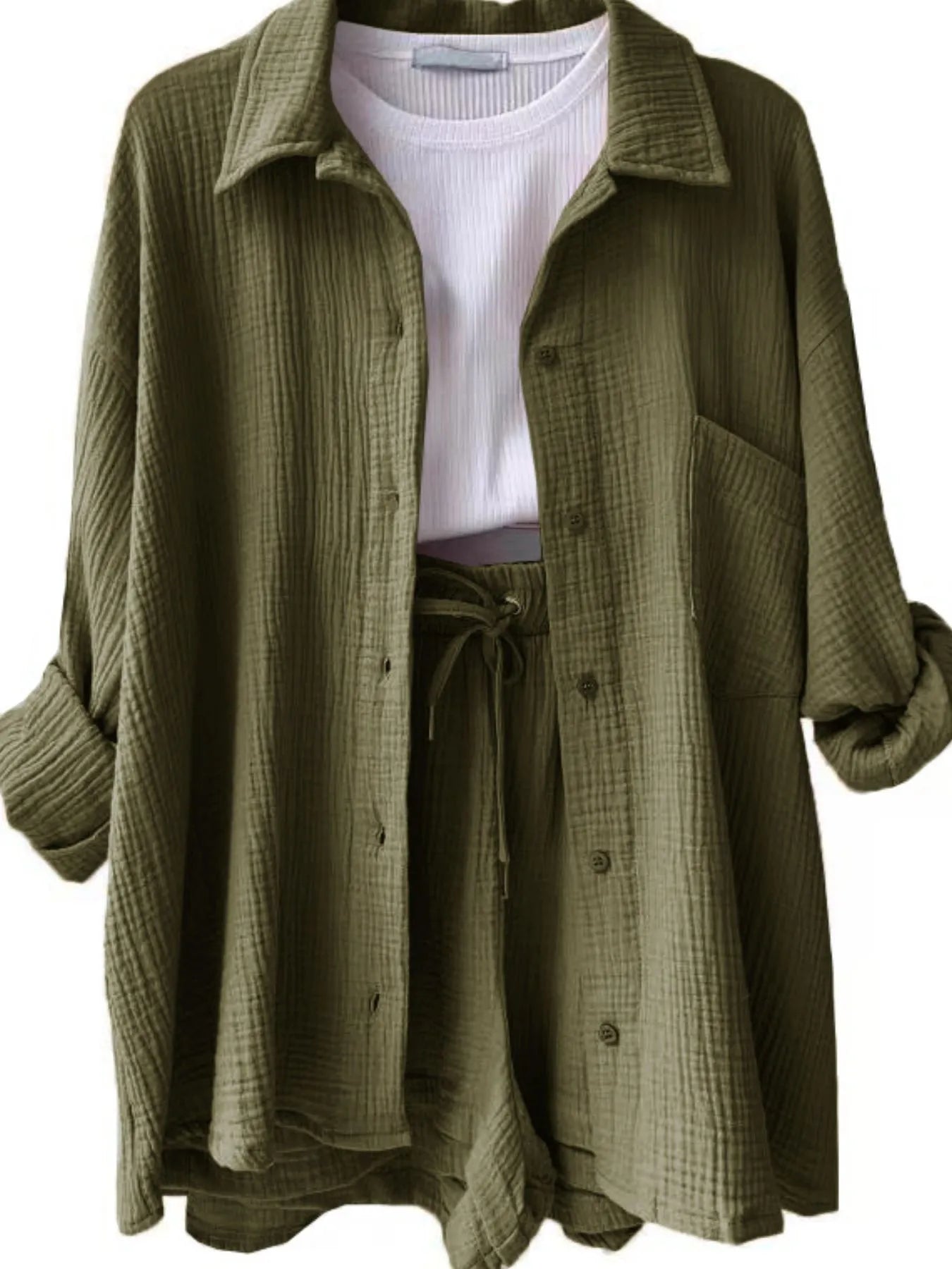Textured Button Up Shirt and Shorts Set