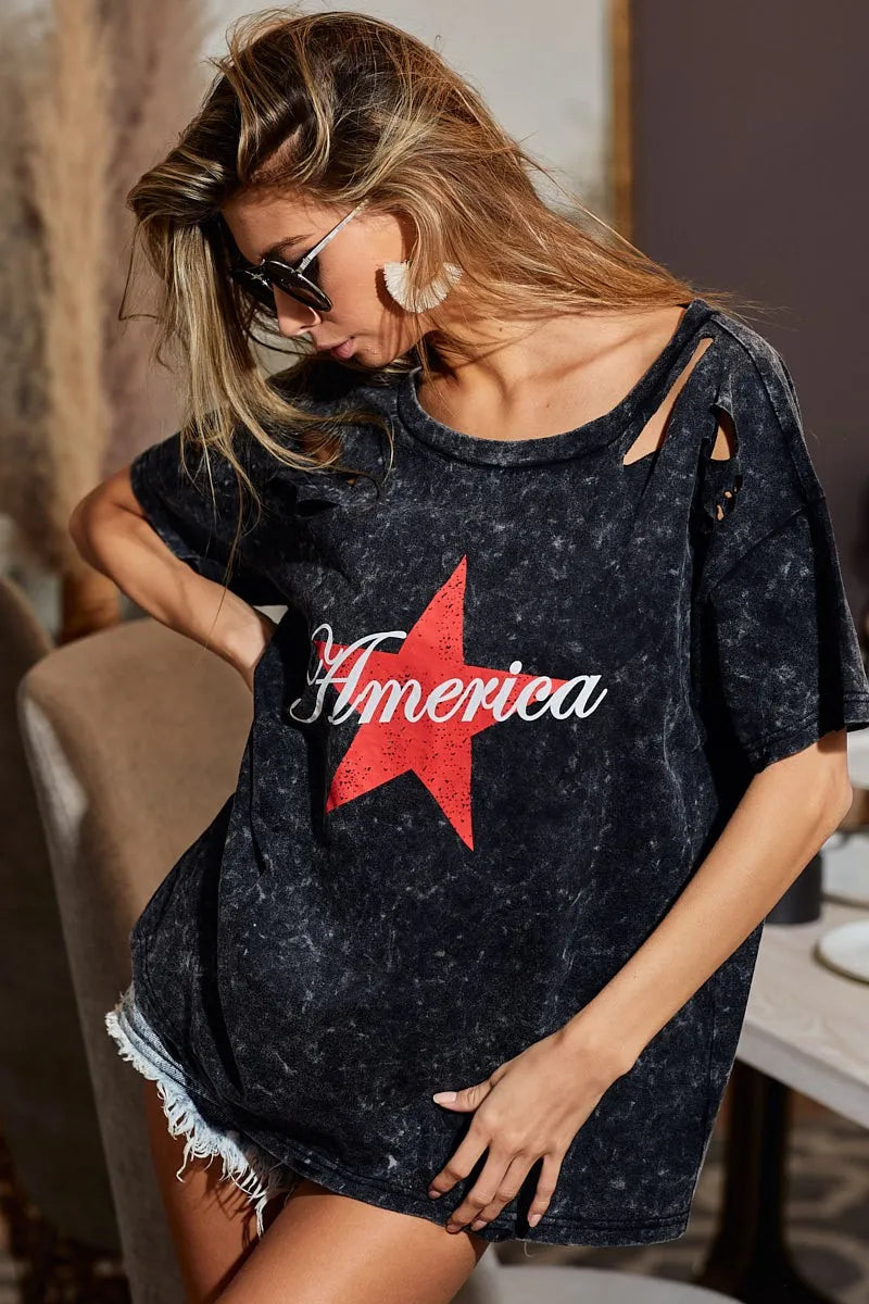 BiBi Laser Cut Mineral Washed Jersey Top with  America