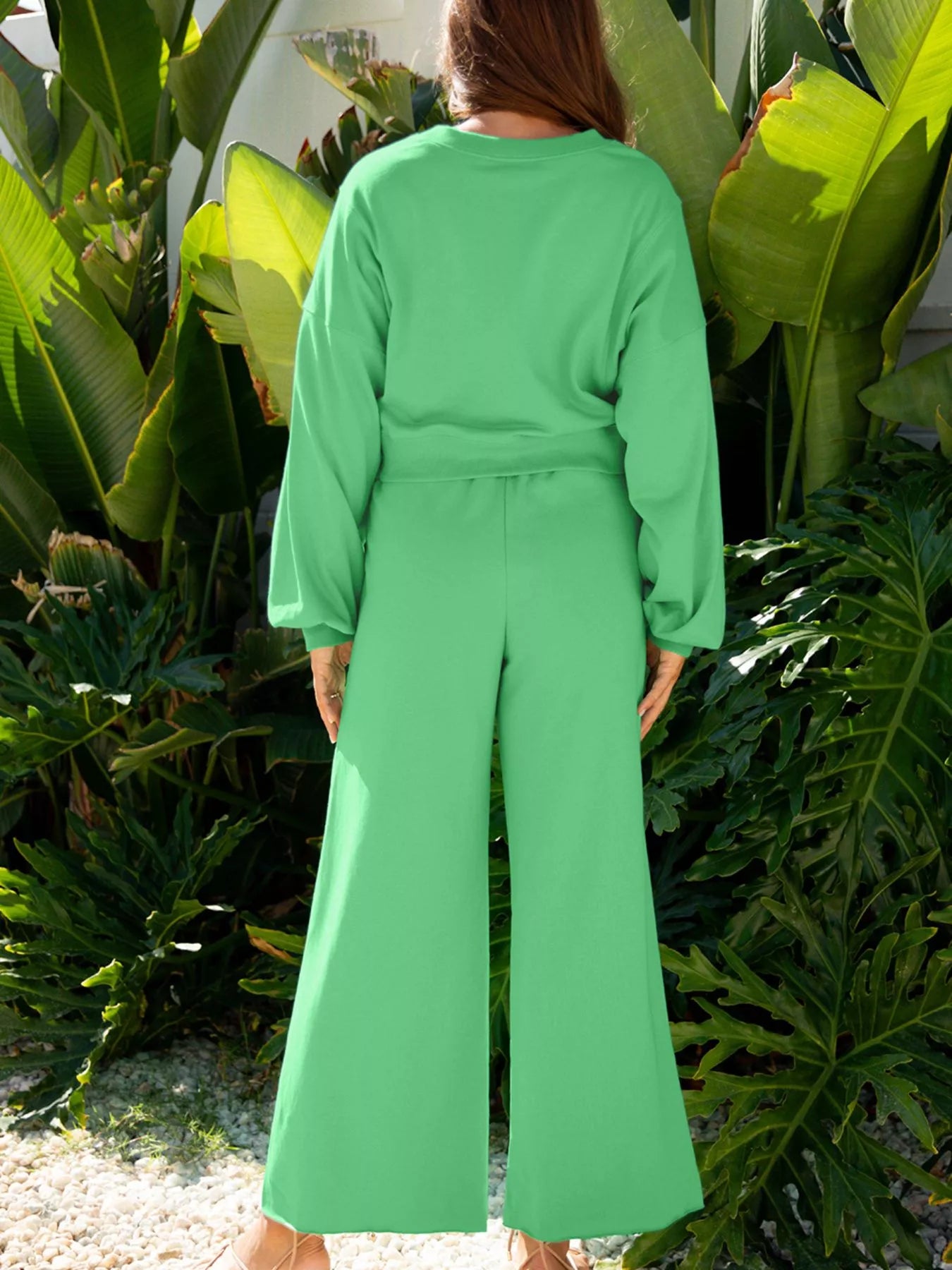 Drop Shoulder Puff Sleeve Crop Top and Drawstring Wide Leg Pants Set