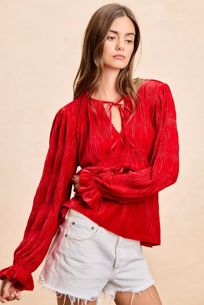 BiBi Christmas Theme Velvet Bow Tied Top With Neck Drop