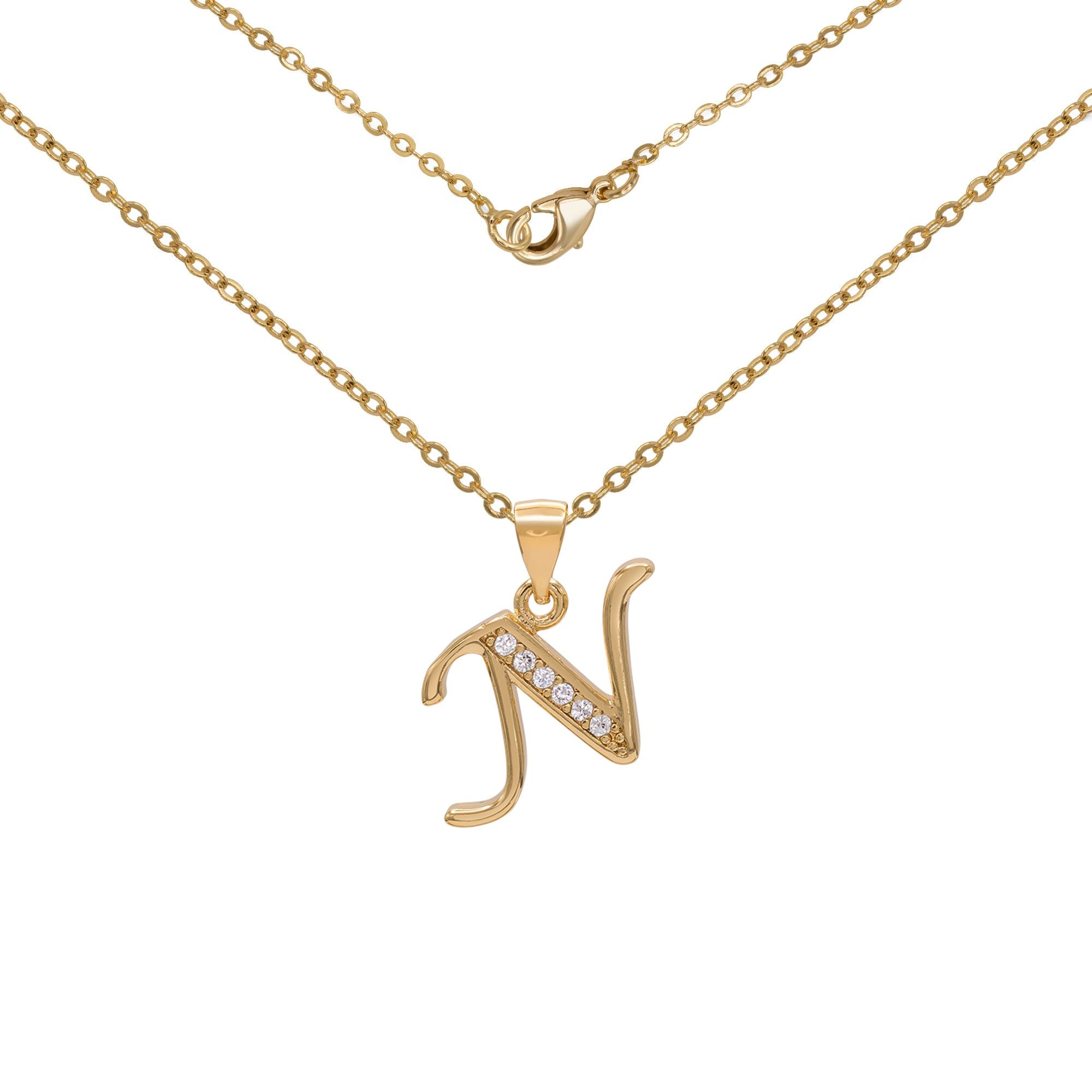 Initial Letter Pendant With Cubic Zirconia 18K Gold Filled Alphabet CZ Charm Rolo Chain Set 18" Necklace Women Girl Teen