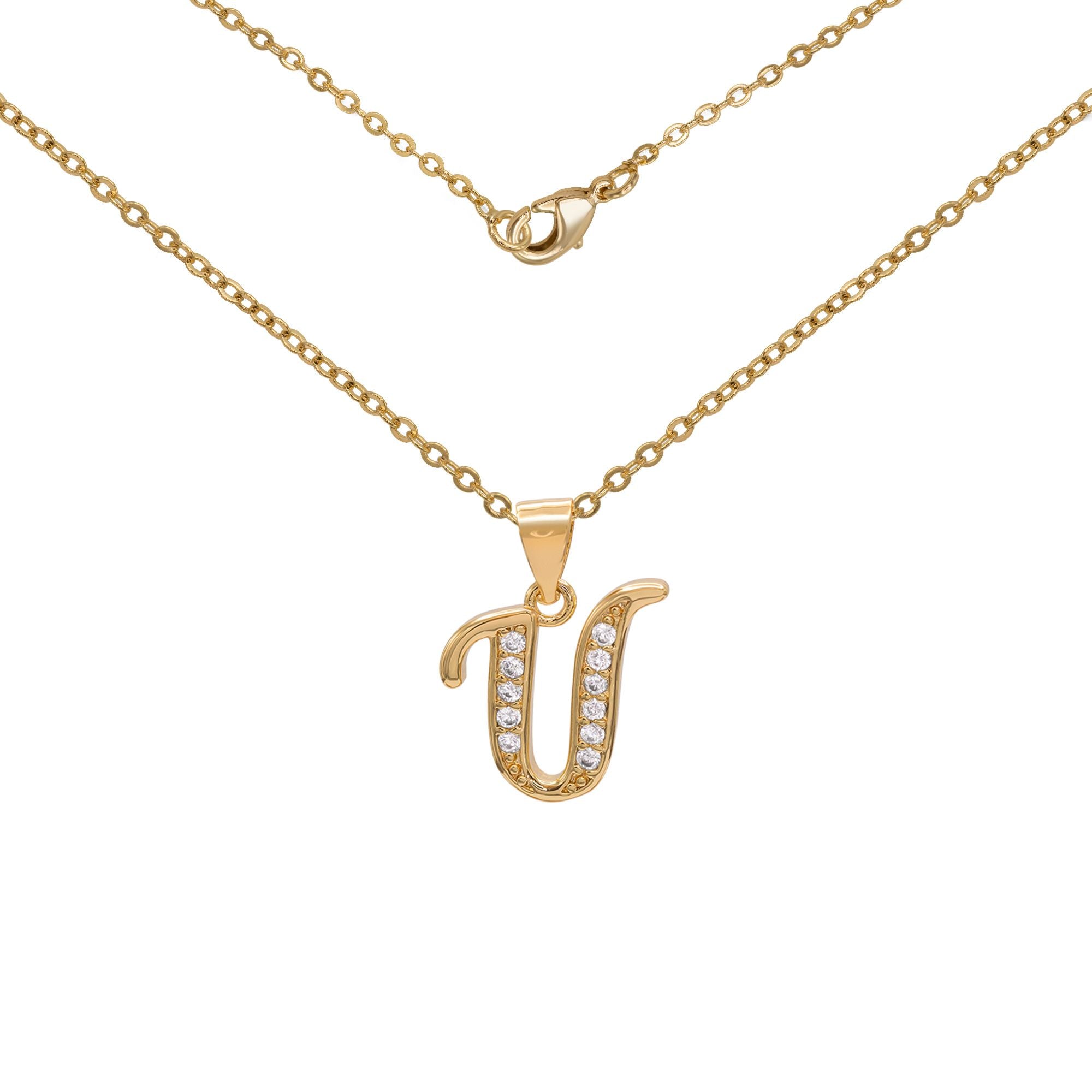 Initial Letter Pendant With Cubic Zirconia 18K Gold Filled Alphabet CZ Charm Rolo Chain Set 18" Necklace Women Girl Teen