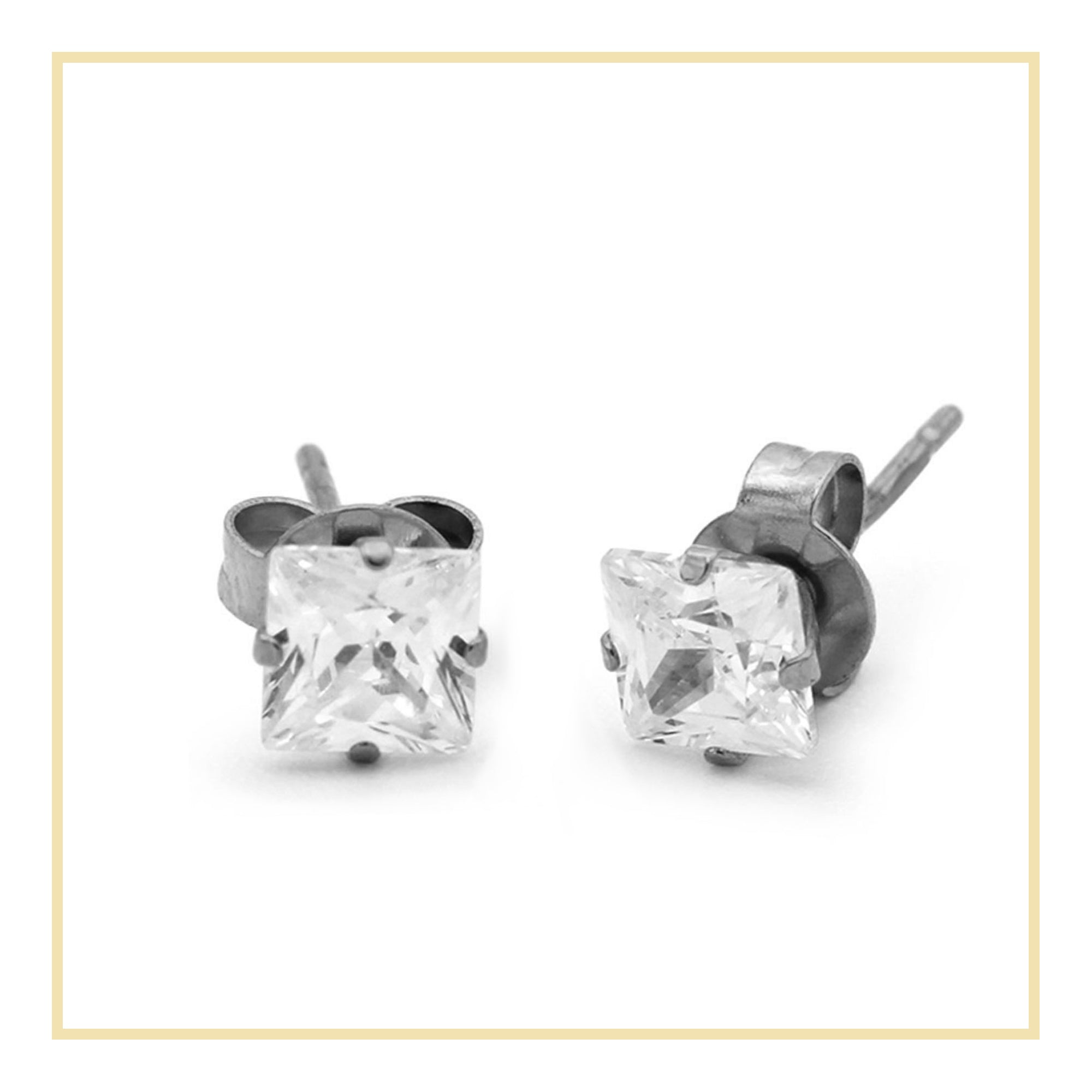 Cubic Zirconia Square Stud Earrings Stainless Steel Silver Jewelry Men Women
