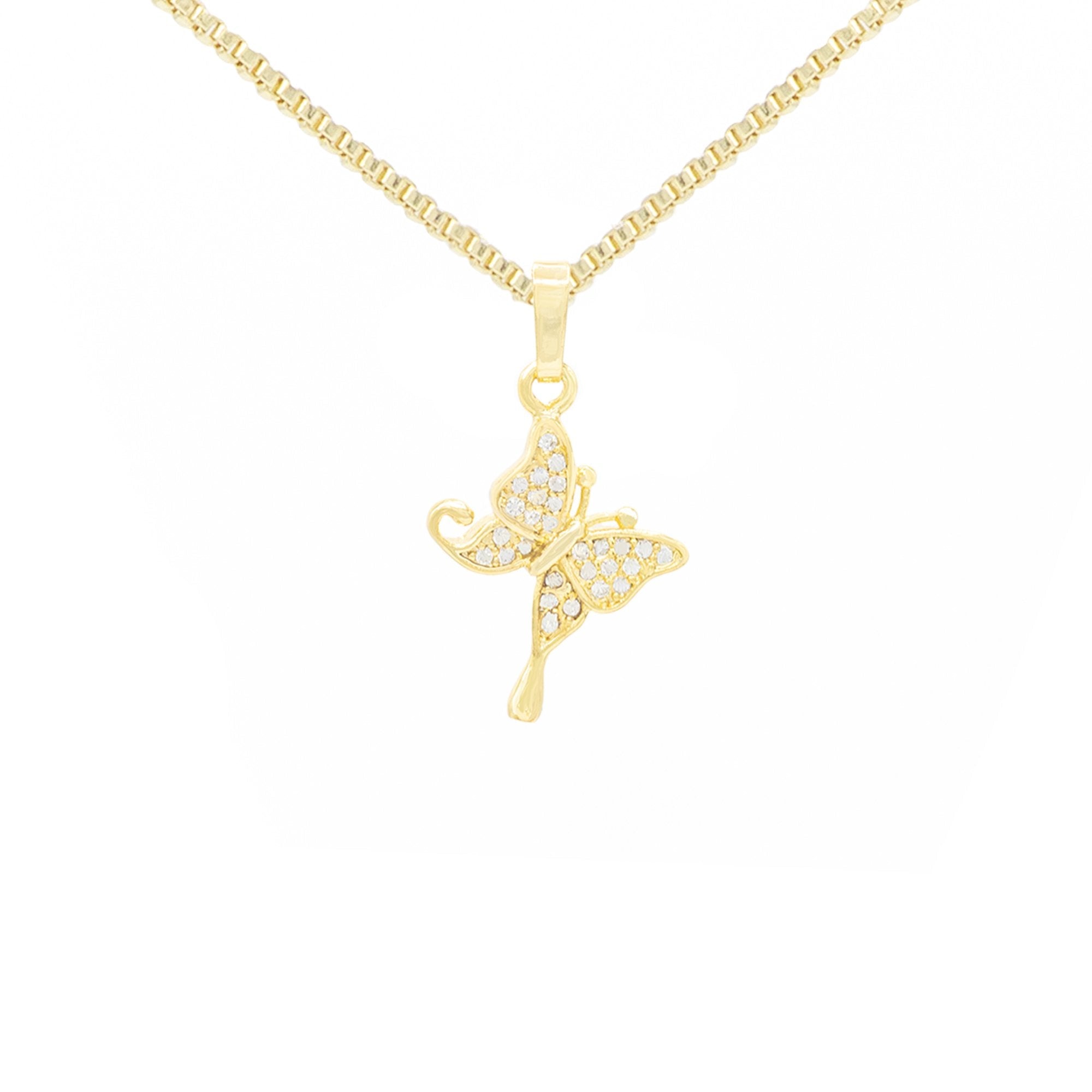Hanging Butterfly Cubic Zirconia Pendant With Necklace Set 14K Gold Filled