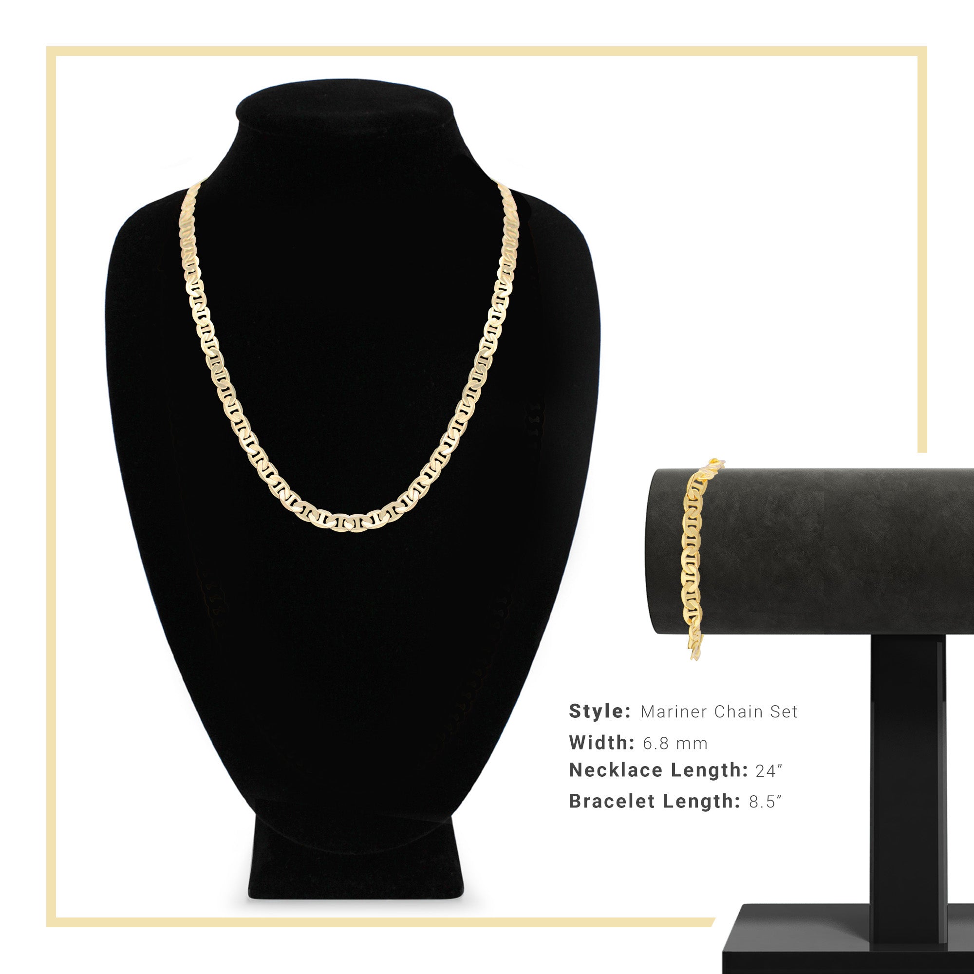 14K Gold Filled Mariner Chain Necklace 24" Bracelet 8.5" Set 6.8 mm