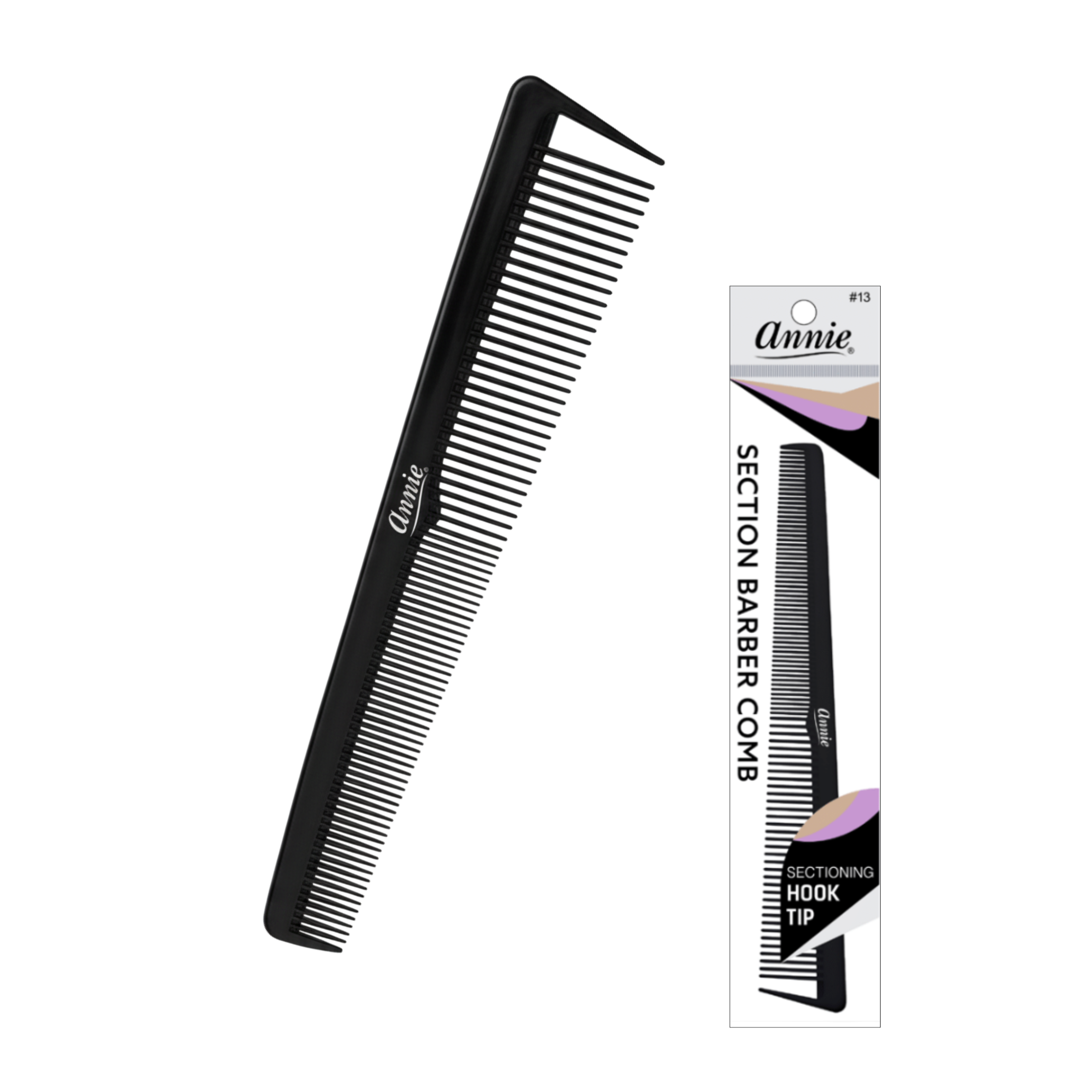Annie Section Barber Comb with Hook Tip, 1 Count, Black