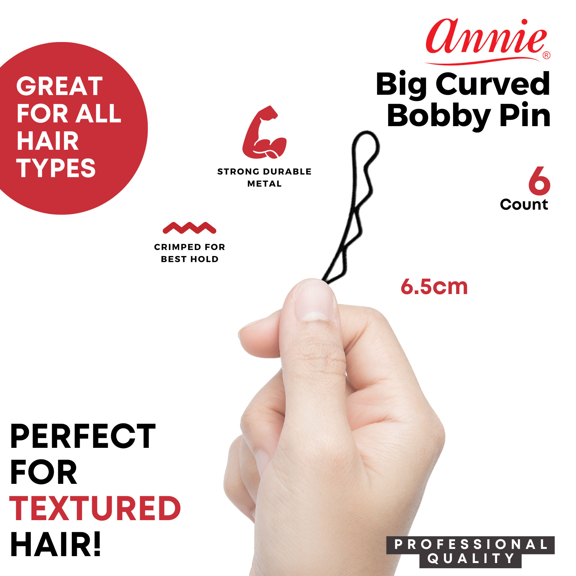 Annie Big Curve Bobby Pins 6.5cm, 6 Count, Black