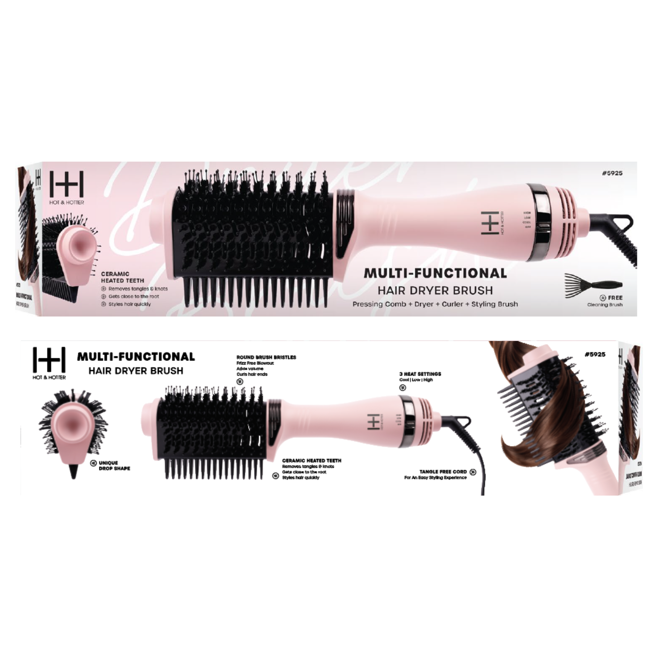 Hot & Hotter Multi-Functional Hair Dryer Brush with Comb, Pink