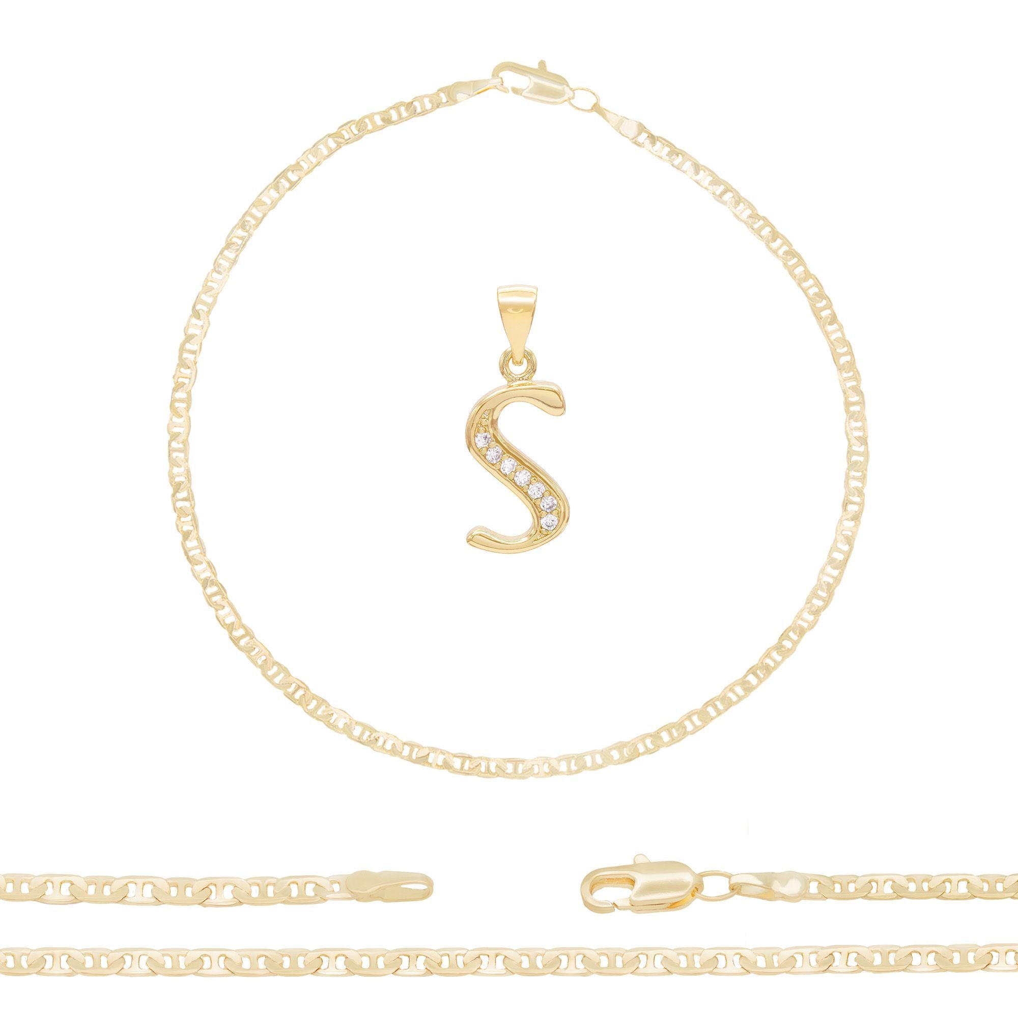 A-Z Initial Letter Pendant 14K Gold Filled Cubic Zirconia Mariner Chain Anklet 10" Set 3 mm  Women Jewelry