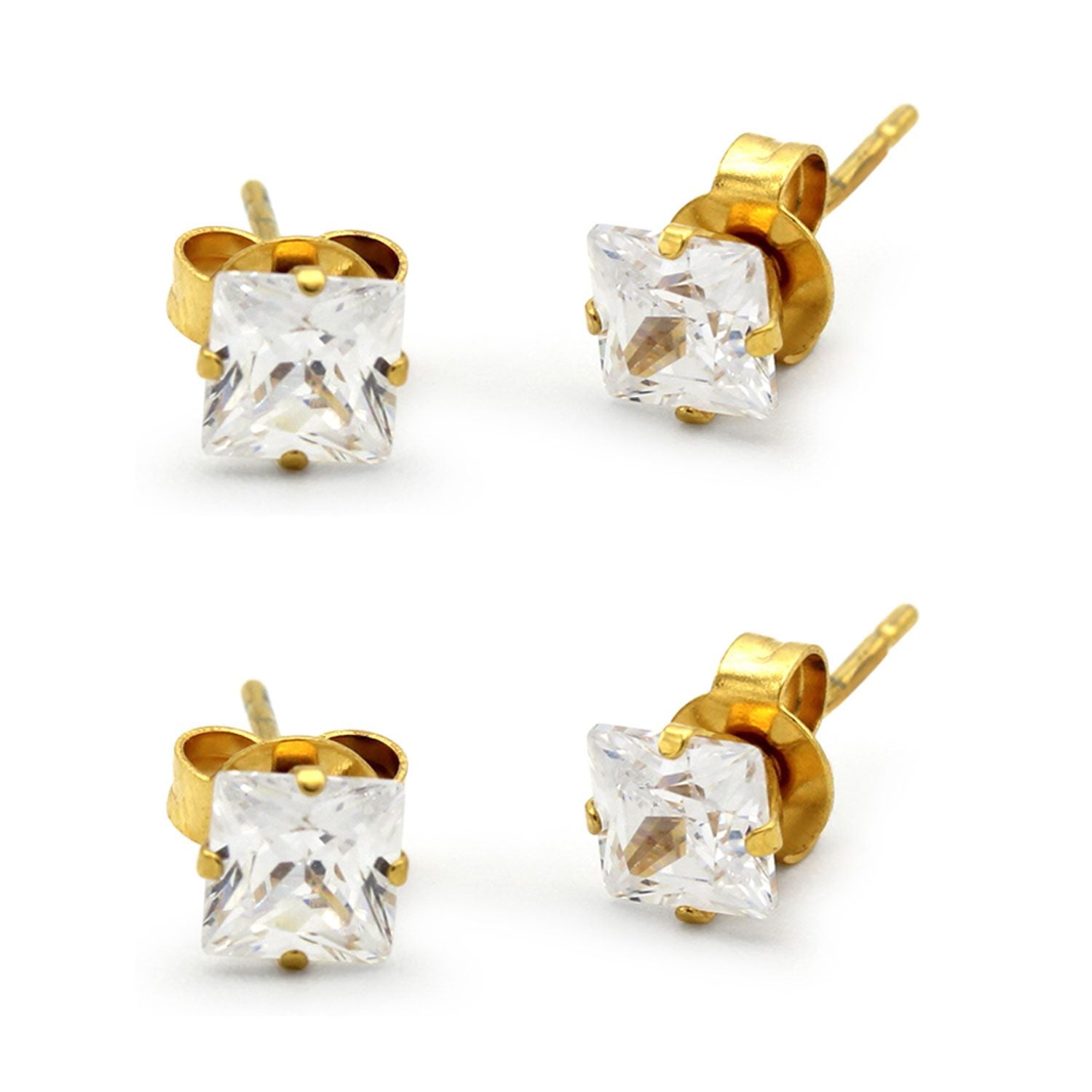 Cubic Zirconia Square 14K Gold Plated Stud Earrings Set Of 2 Stainless Steel Jewelry Men Women