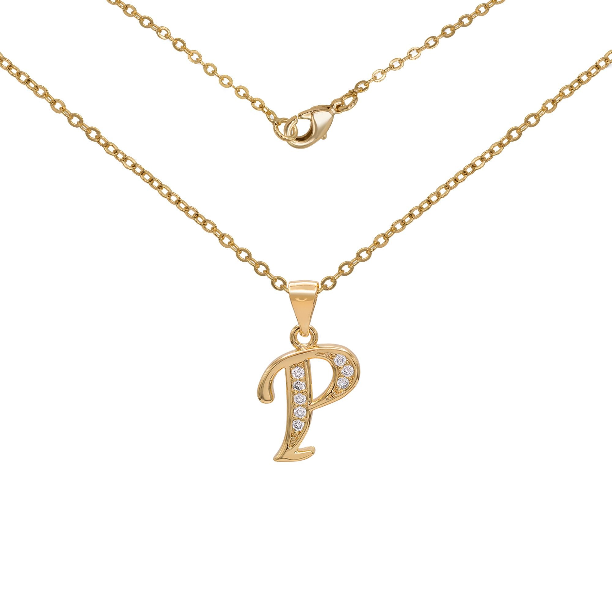 Initial Letter Pendant With Cubic Zirconia 18K Gold Filled Alphabet CZ Charm Rolo Chain Set 18" Necklace Women Girl Teen