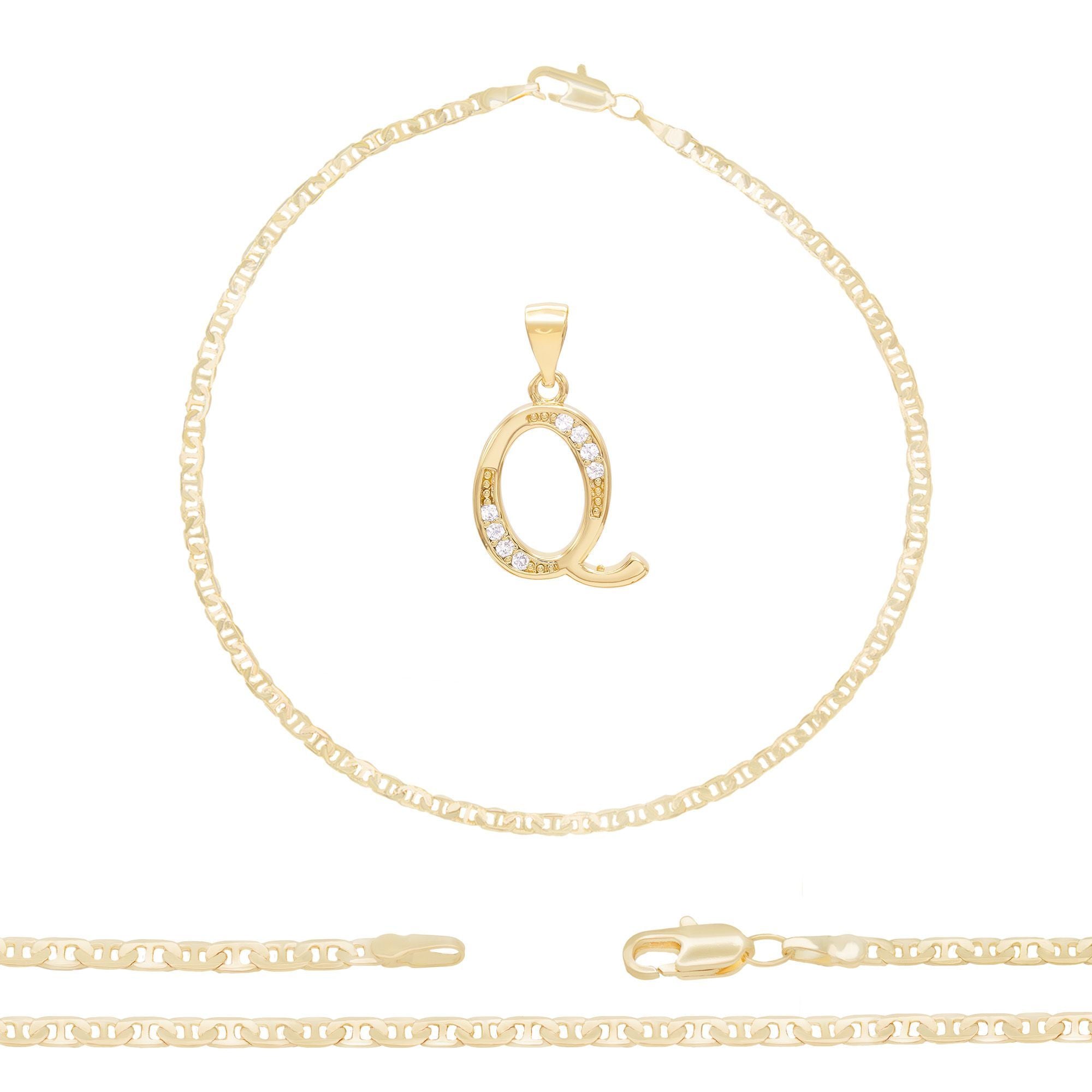 A-Z Initial Letter Pendant 14K Gold Filled Cubic Zirconia Mariner Chain Anklet 10" Set 3 mm  Women Jewelry