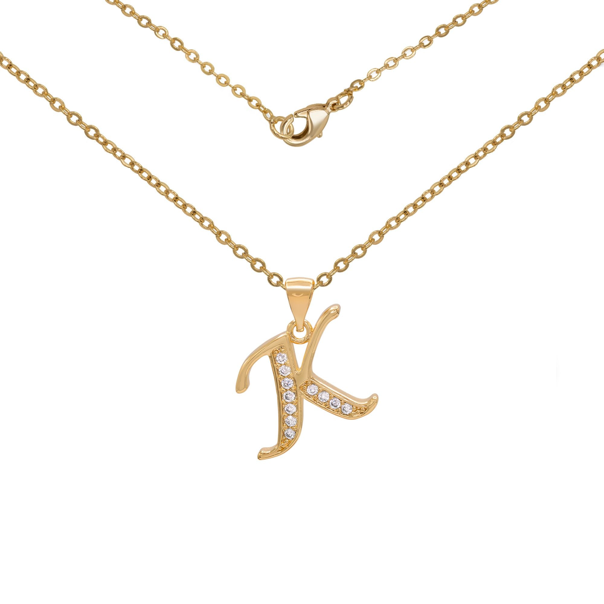 Initial Letter Pendant With Cubic Zirconia 18K Gold Filled Alphabet CZ Charm Rolo Chain Set 18" Necklace Women Girl Teen