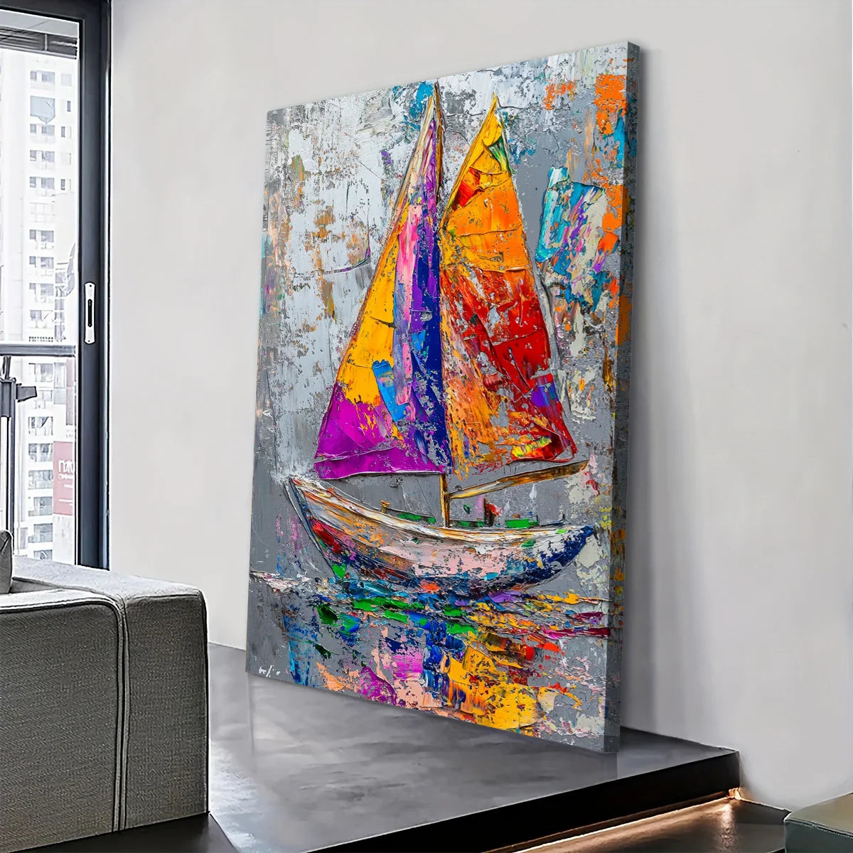 Abstract Sailboat Decor: Colorful Ocean Journey Print Canvas Wall Art 1.5inch Thick Indoor Living Room and Home Decor