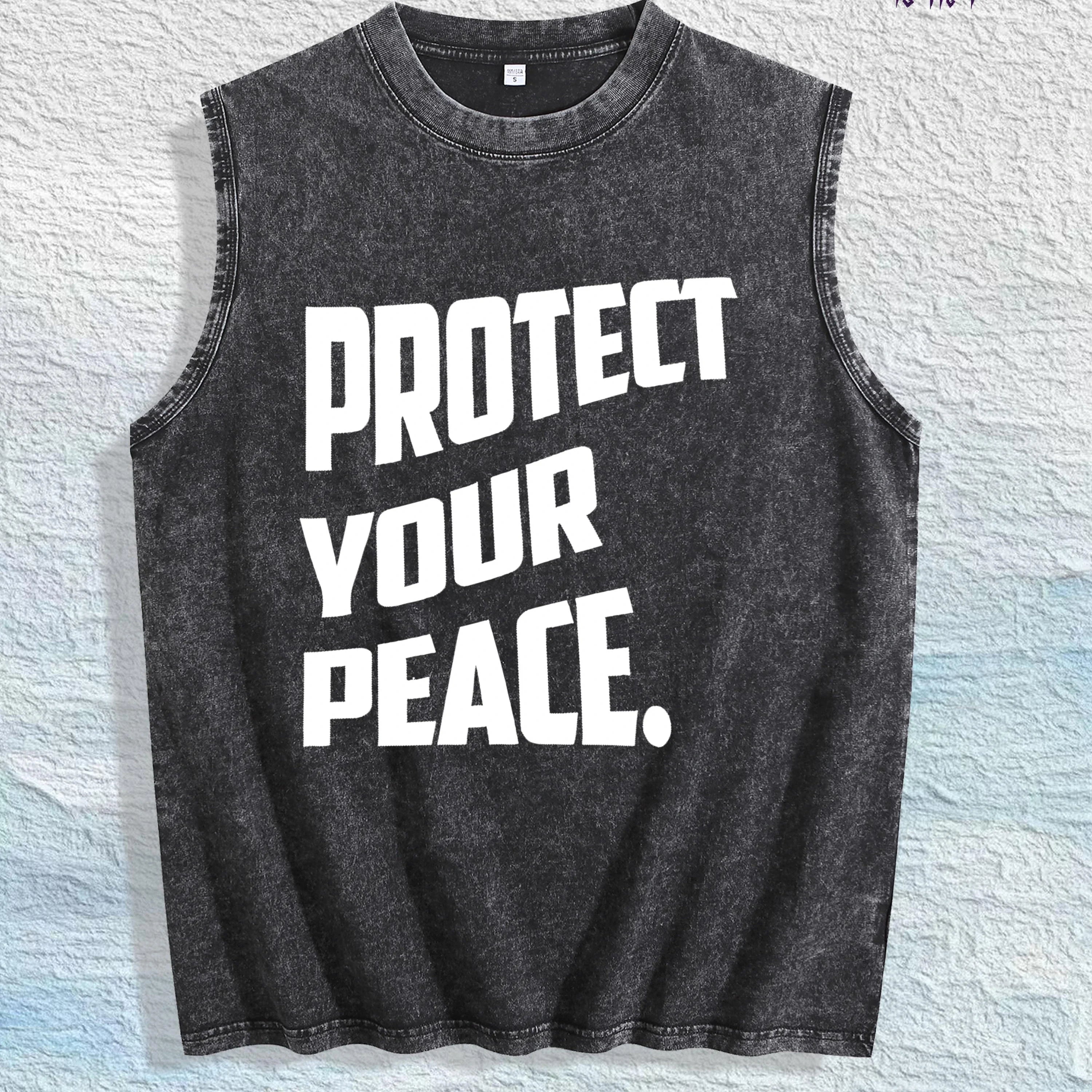 PROTECT YOUR PEACE Slogan Graphic Washed Vest US Warehouse 3 Colors Cotton Tank