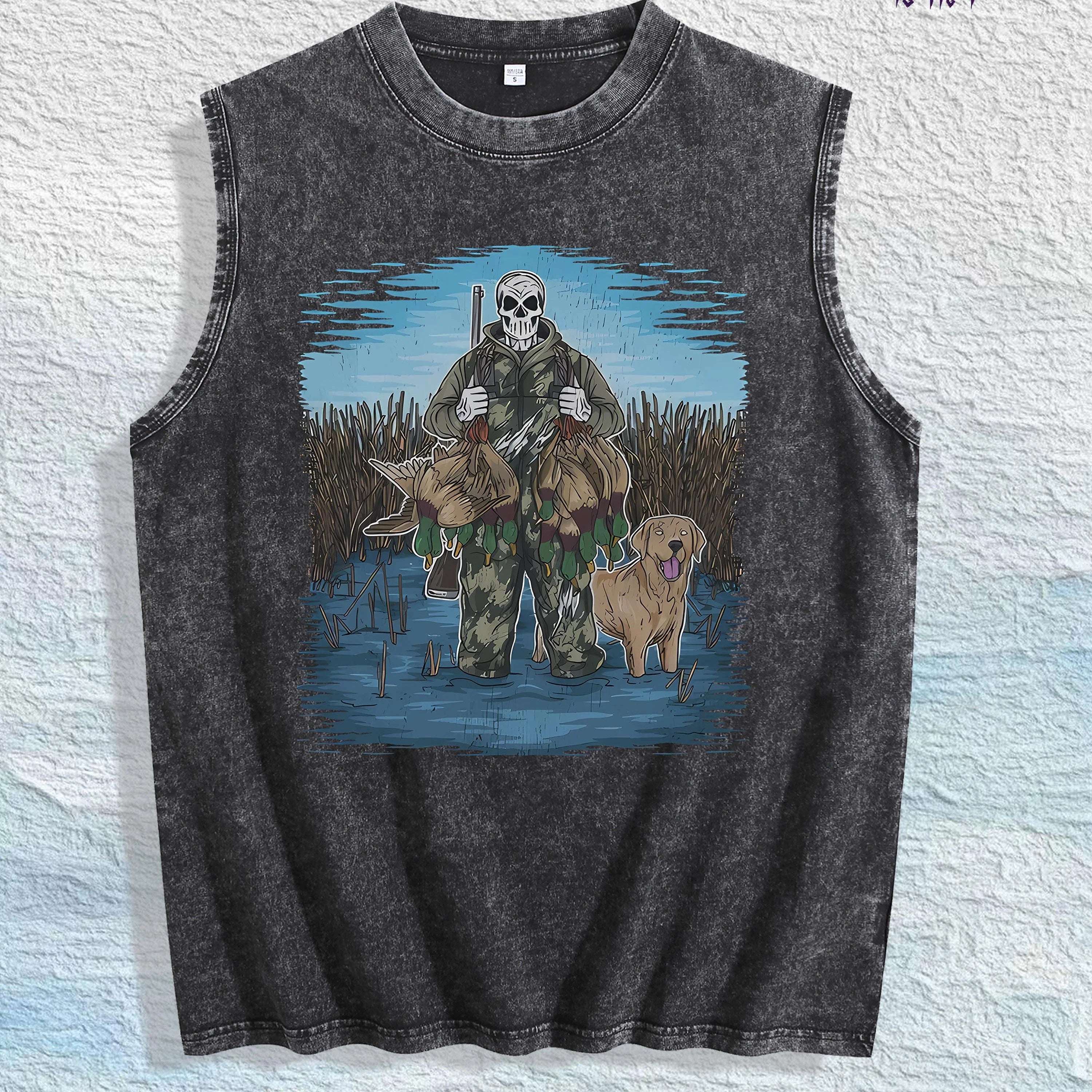 Hunting Skull & Dog Graphic Washed Vest US Warehouse 3 Colors Cotton Tank