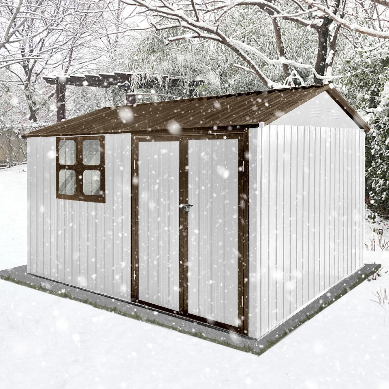 Outdoor Storage Sheds 10X8FT Apex Roof in Brown Roof+White Walls Without Foundation