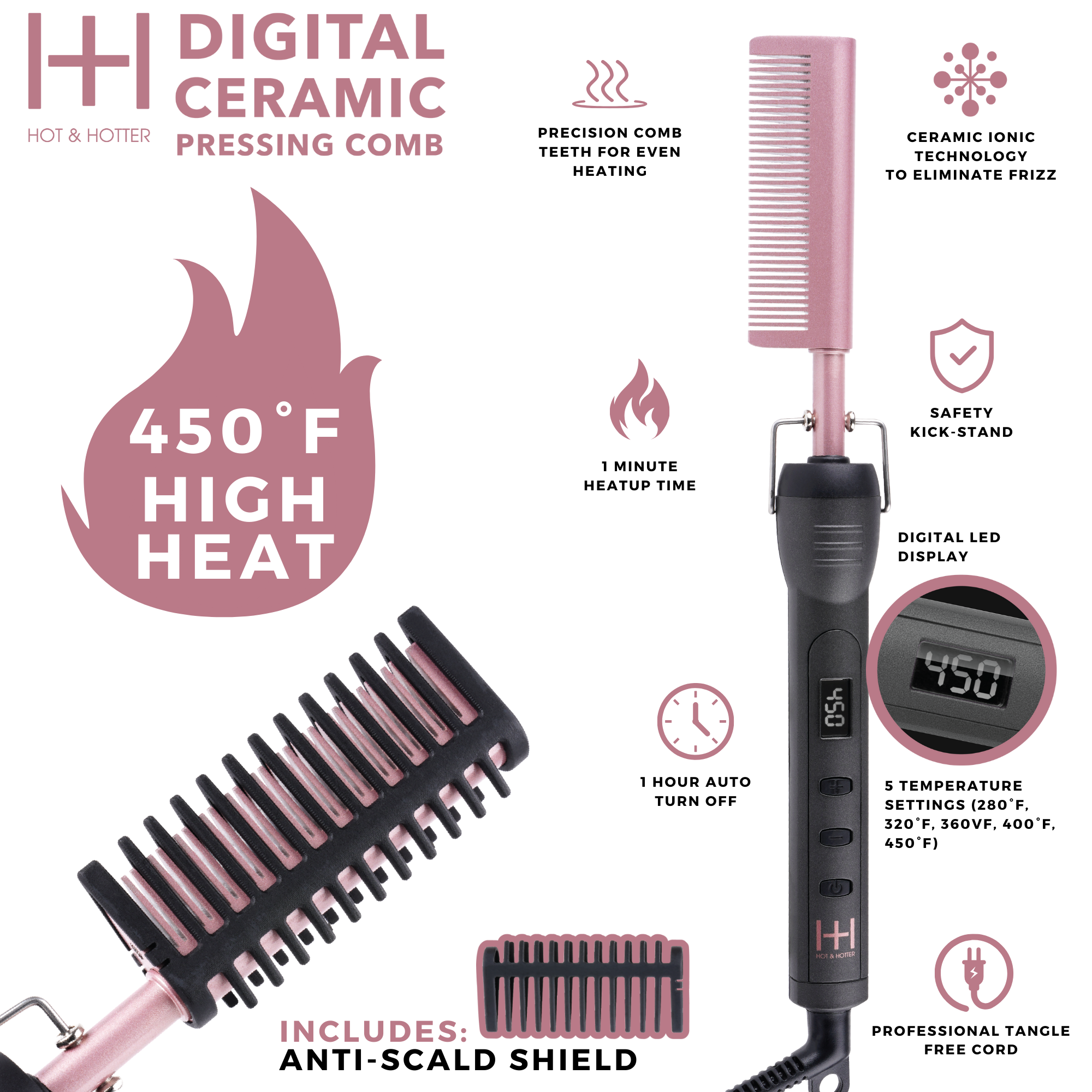 Hot & Hotter Digital Ceramic Pressing Hot Comb, 1 Count, Black & Gold
