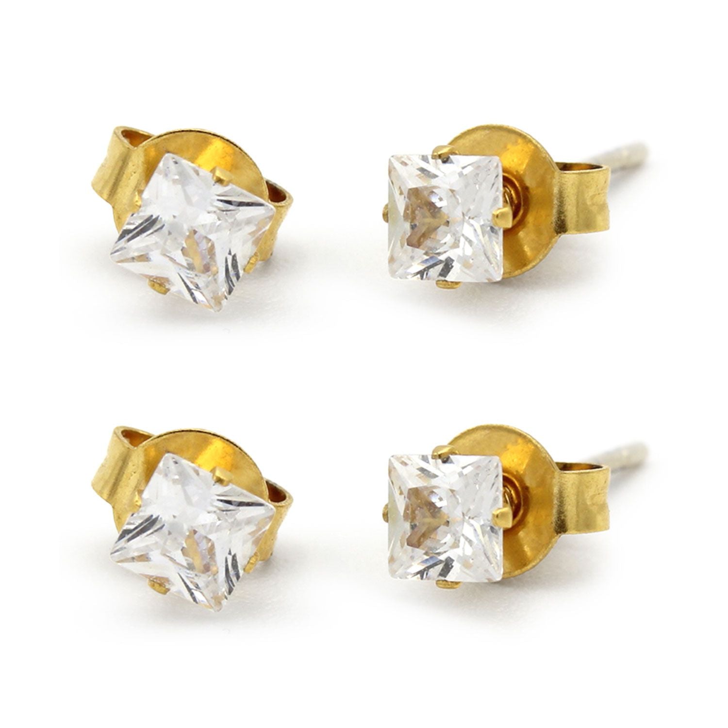 Cubic Zirconia Square 14K Gold Plated Stud Earrings Set Of 2 Stainless Steel Jewelry Men Women