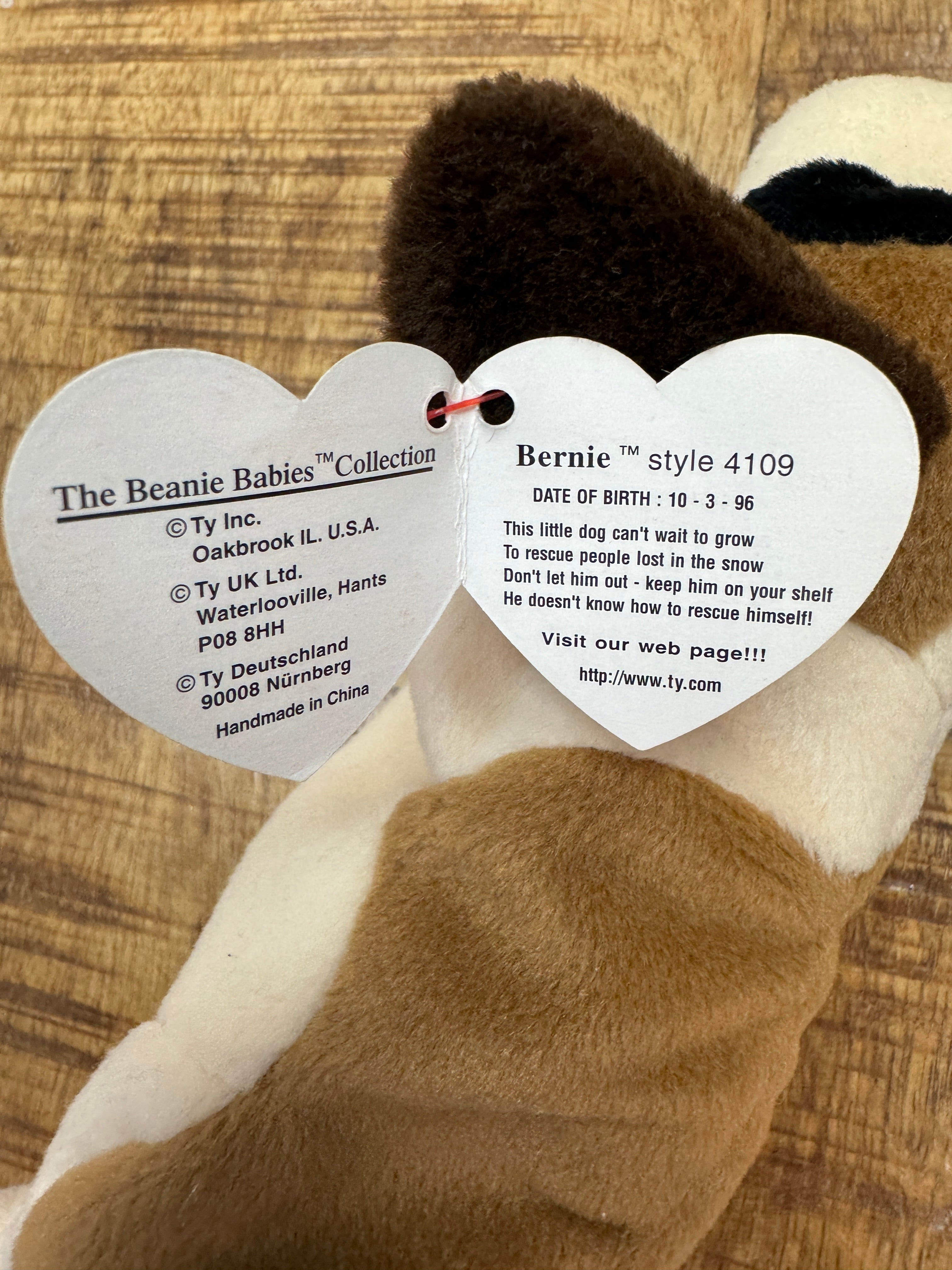 Ty Beanie Baby Bernie the St Bernard Dog- PVC Pellets 1996 Mint Tags W/ ERRORS