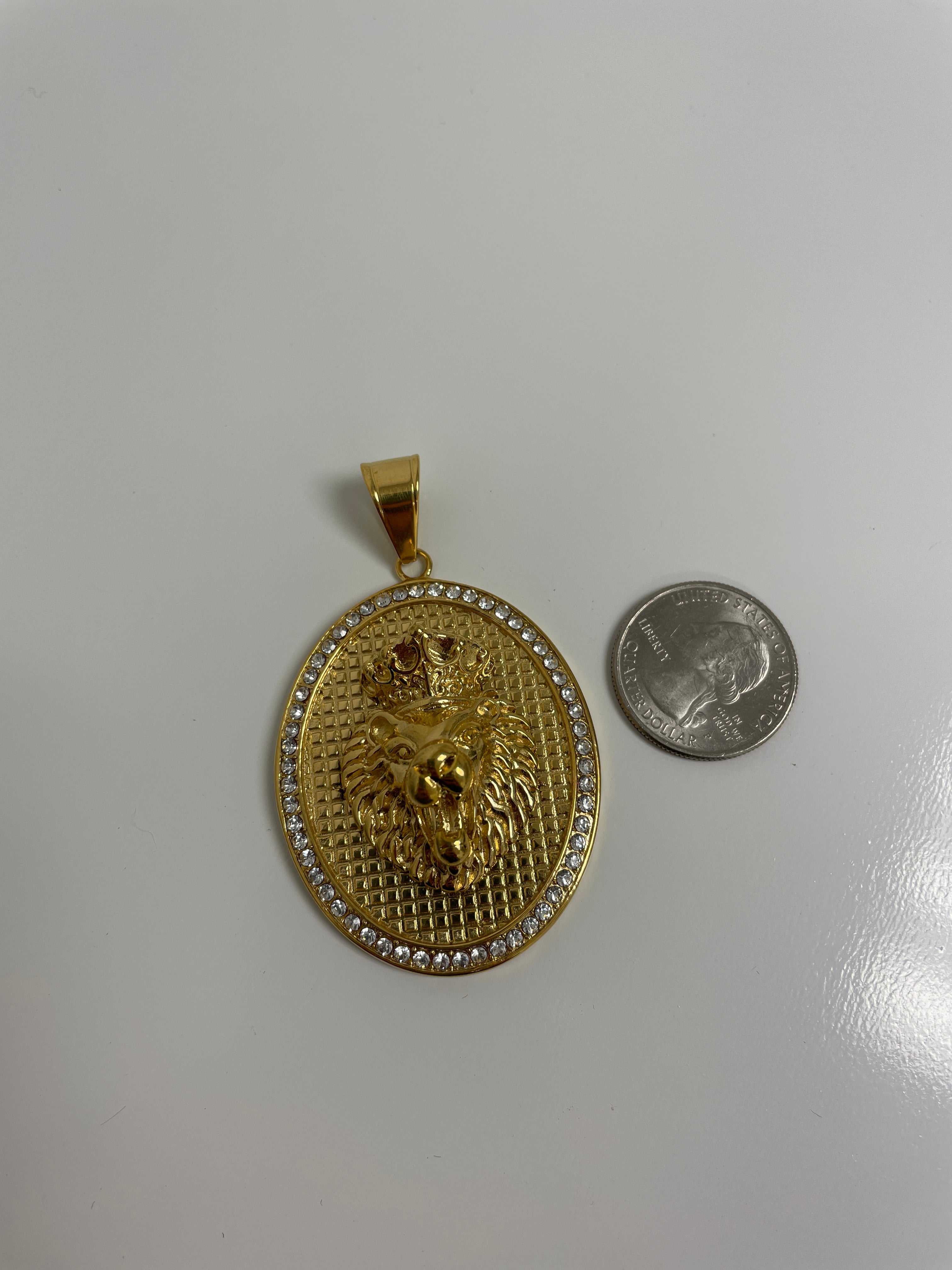Lion Medallion Oval Pendant with 14K Gold Plated Cuban Link Necklace 5mm 24" Set