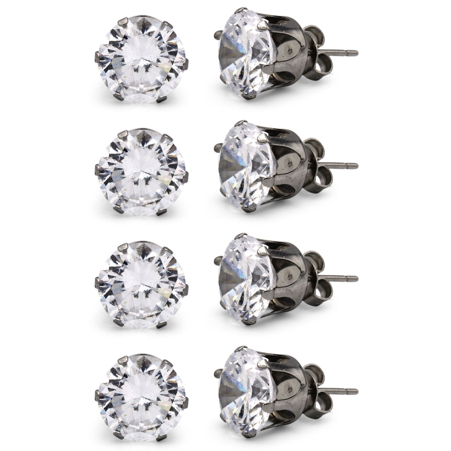 Cubic Zirconia Round Silver Stud Earrings Set Of 4 Stainless Steel Jewelry Men Women