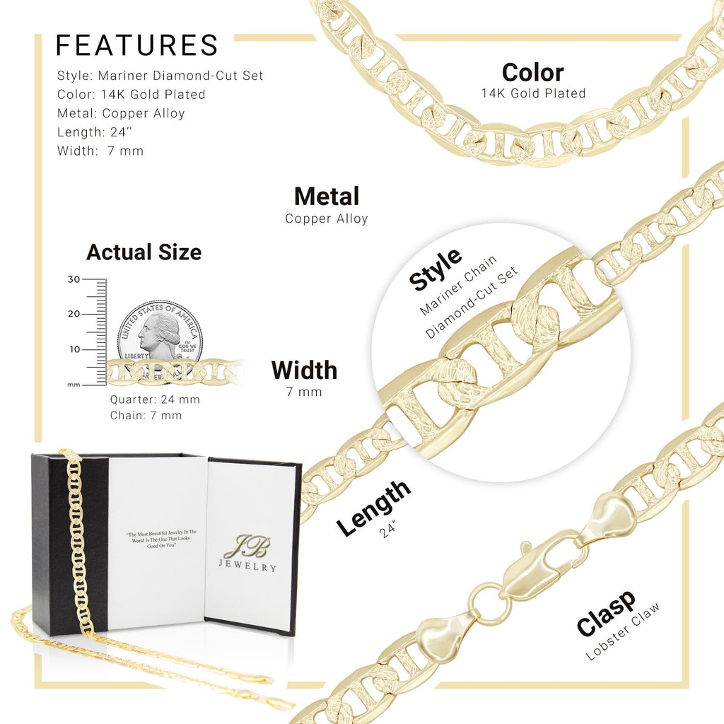 Diamond-Cut 14K Gold Filled Mariner Chain Necklace 24" Bracelet 8.5" Set 7 mm