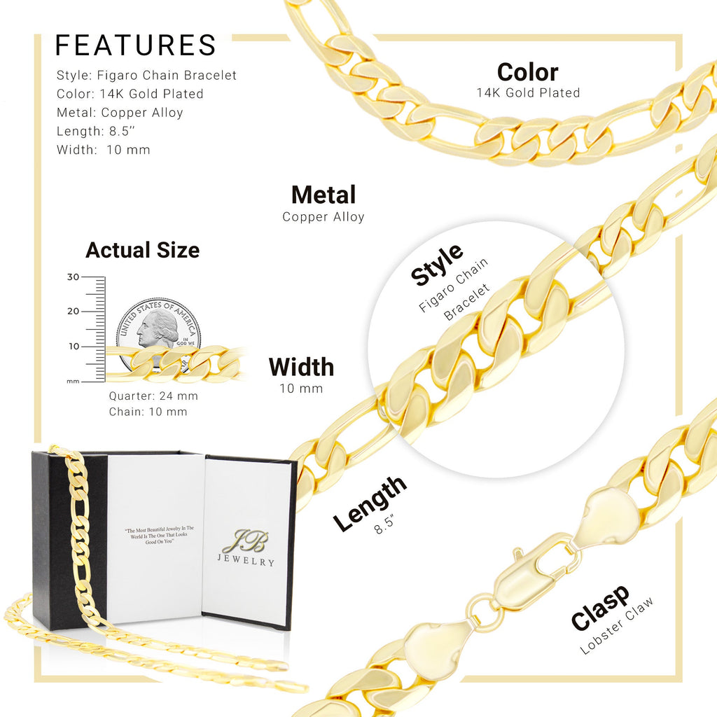 Figaro Chain 14K Gold Filled Bracelet 8.5" Lobster Claw Clasp Jewelry Gift for Men
