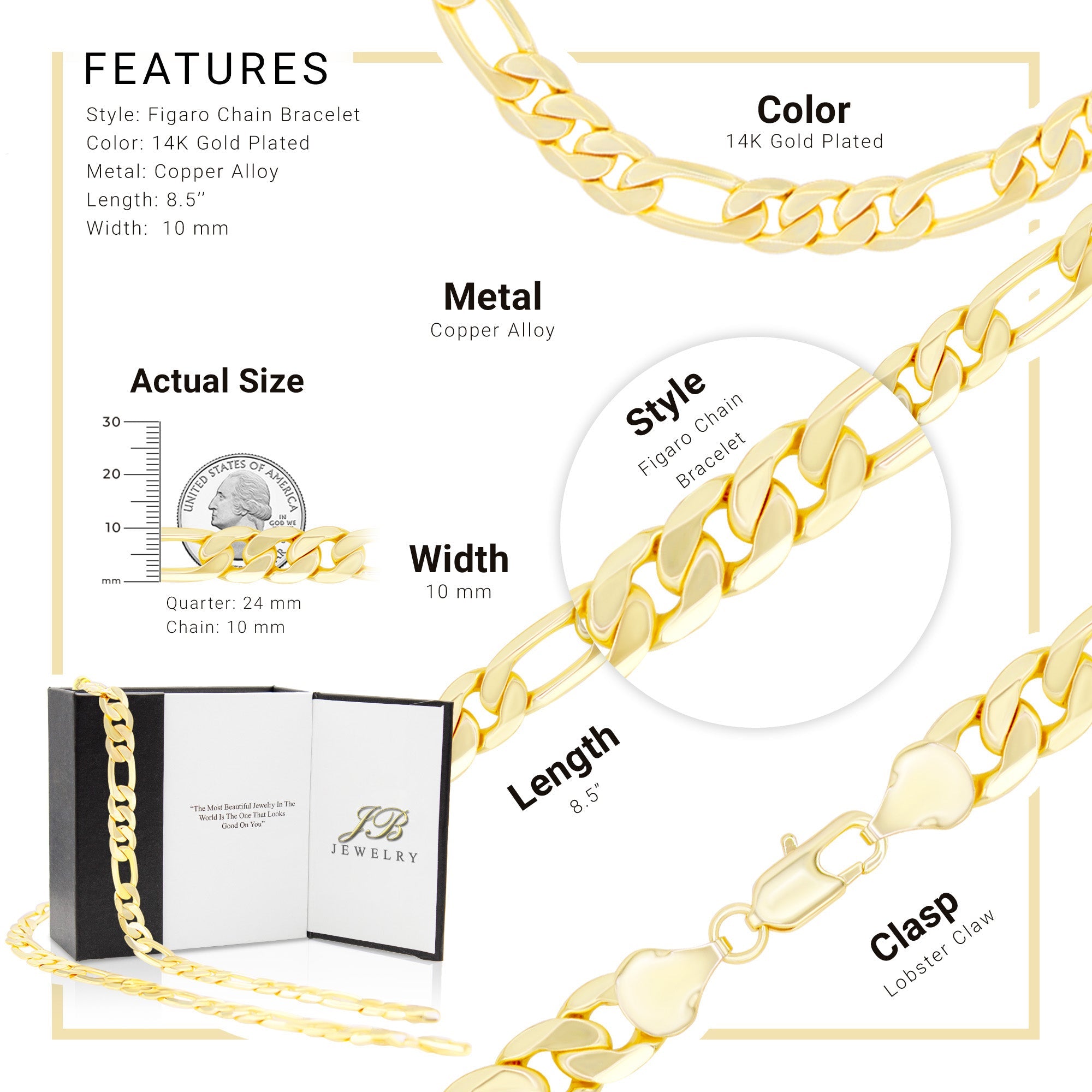 Figaro Chain 14K Gold Filled Bracelet 8.5" Lobster Claw Clasp Jewelry Gift for Men