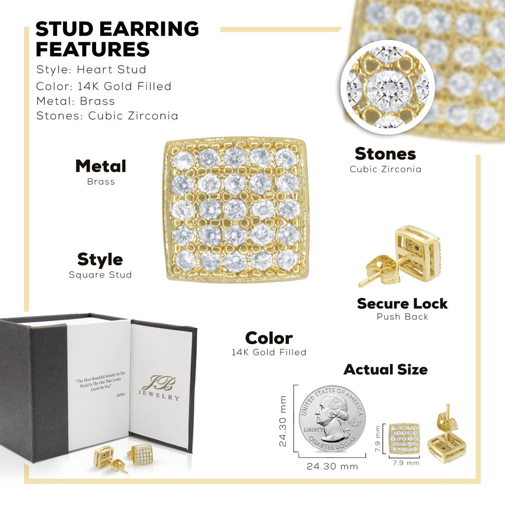 Square 16 Cubic Zirconia Earrings 14K Gold Filled Silver Hip Hop Studs Jewelry Women Men