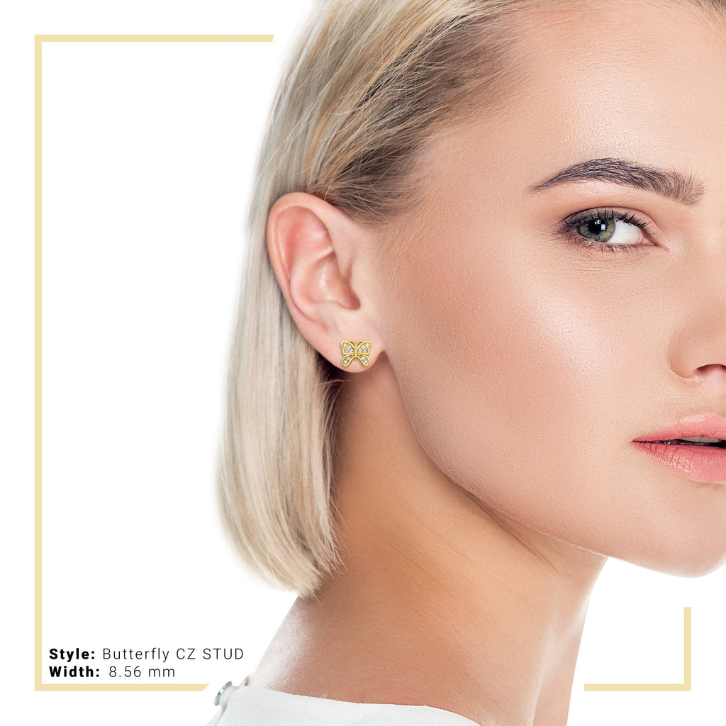 Butterfly 1 Stud 14K Gold Plated CZ Stud Earrings Cubic Zirconia Jewelry