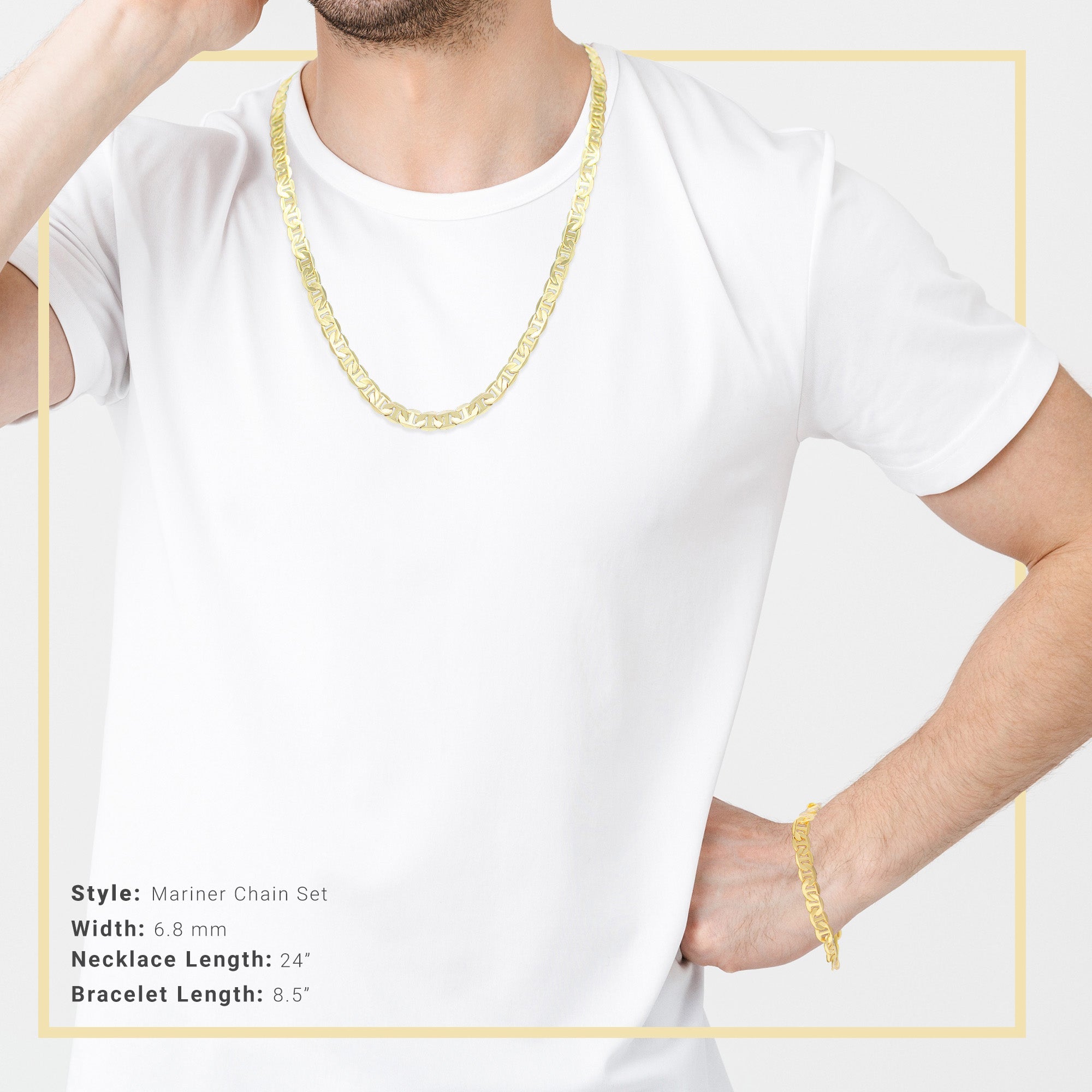 14K Gold Filled Mariner Chain Necklace 24" Bracelet 8.5" Set 6.8 mm