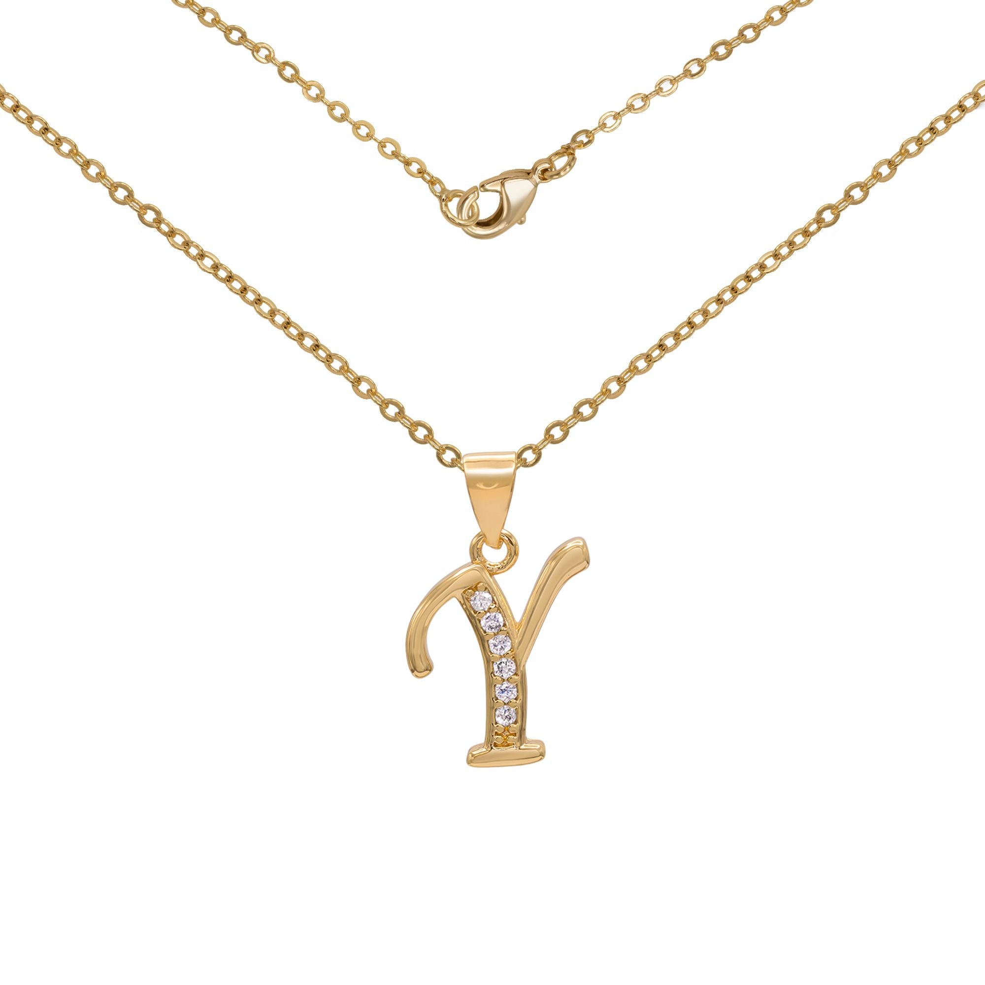Initial Letter Pendant With Cubic Zirconia 18K Gold Filled Alphabet CZ Charm Rolo Chain Set 18" Necklace Women Girl Teen