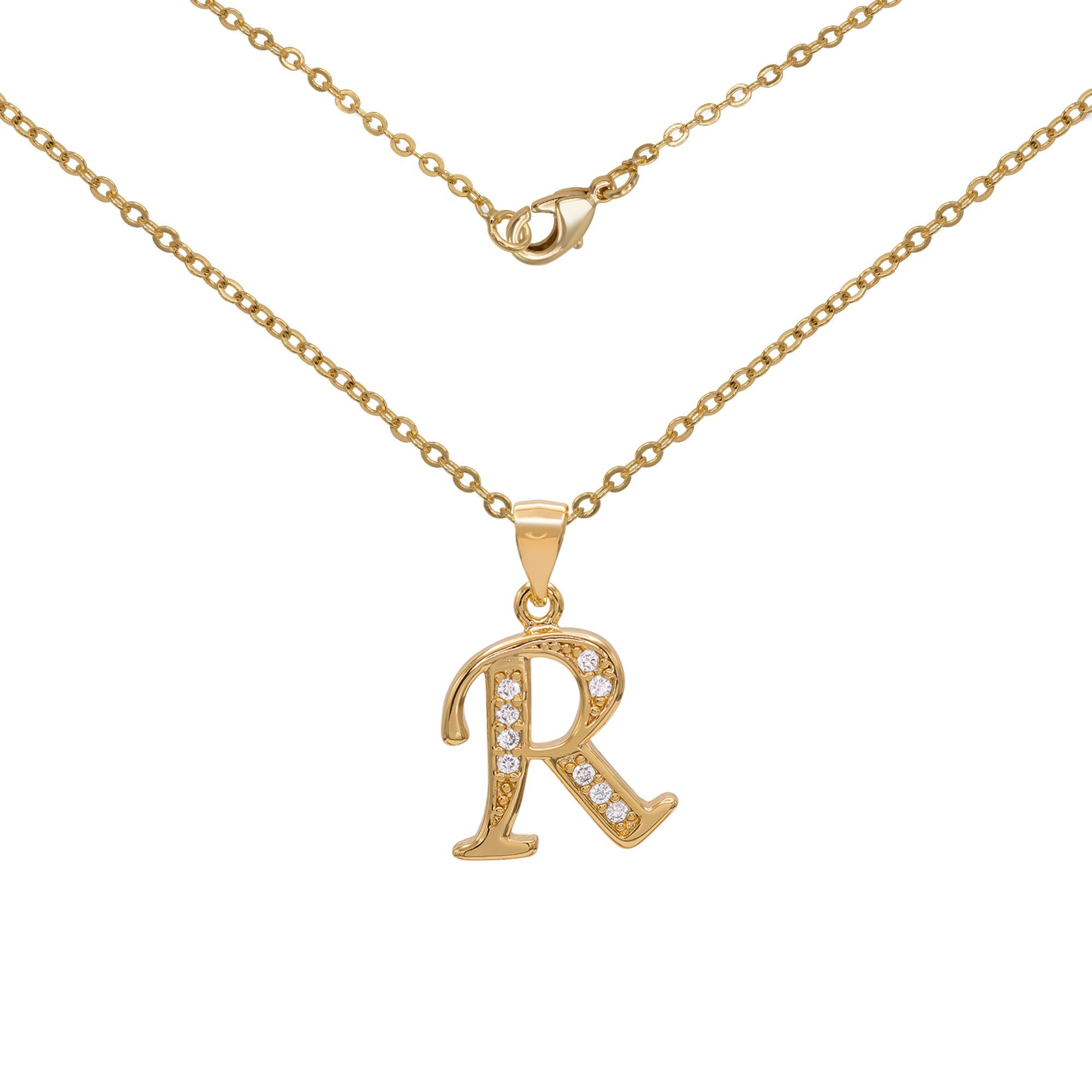 Initial Letter Pendant With Cubic Zirconia 18K Gold Filled Alphabet CZ Charm Rolo Chain Set 18" Necklace Women Girl Teen