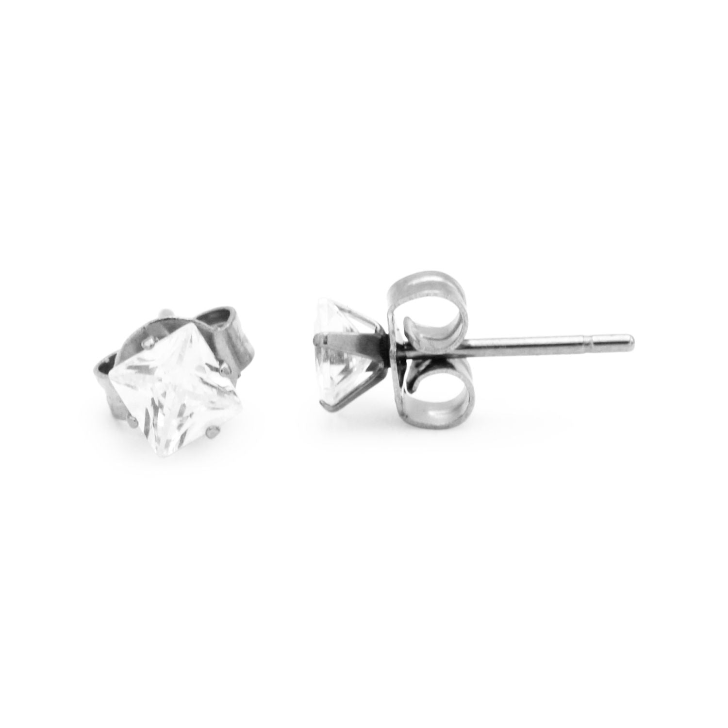Cubic Zirconia Square Stud Earrings Stainless Steel Silver Jewelry Men Women