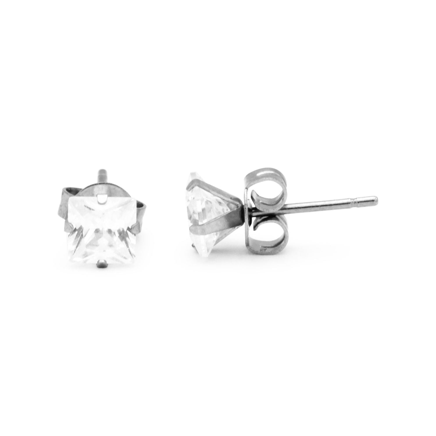Cubic Zirconia Square Stud Earrings Stainless Steel Silver Jewelry Men Women