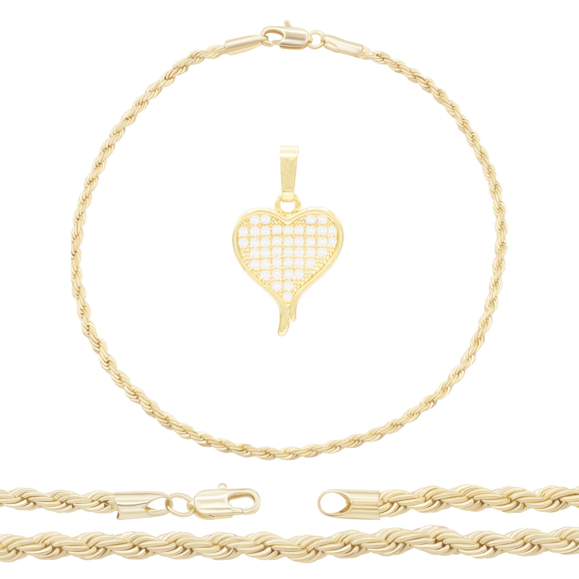 CZ Heart Charm 14K Gold Filled Rope Anklet 10" Chain Women Jewelry