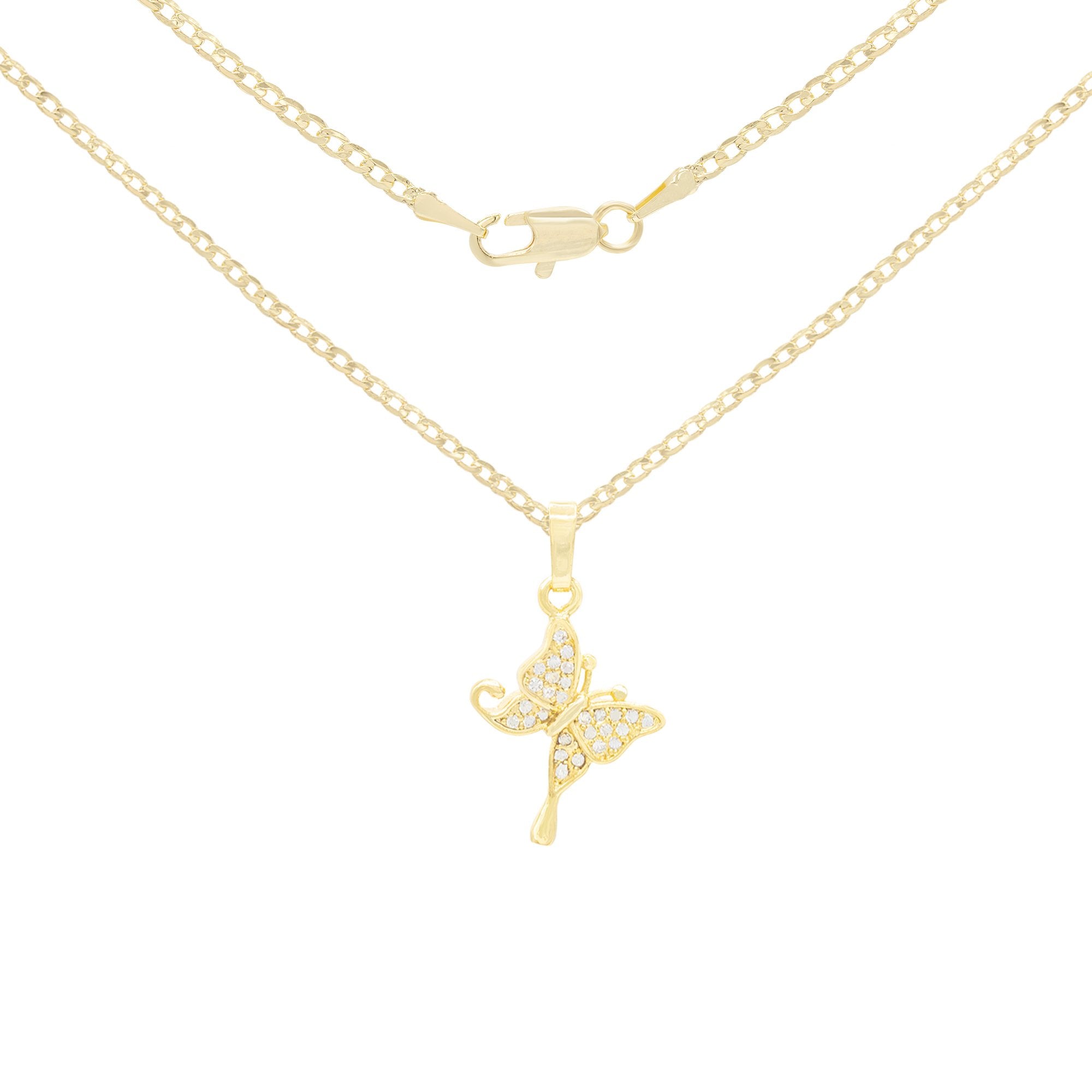 Hanging Butterfly Cubic Zirconia Pendant With Necklace Set 14K Gold Filled