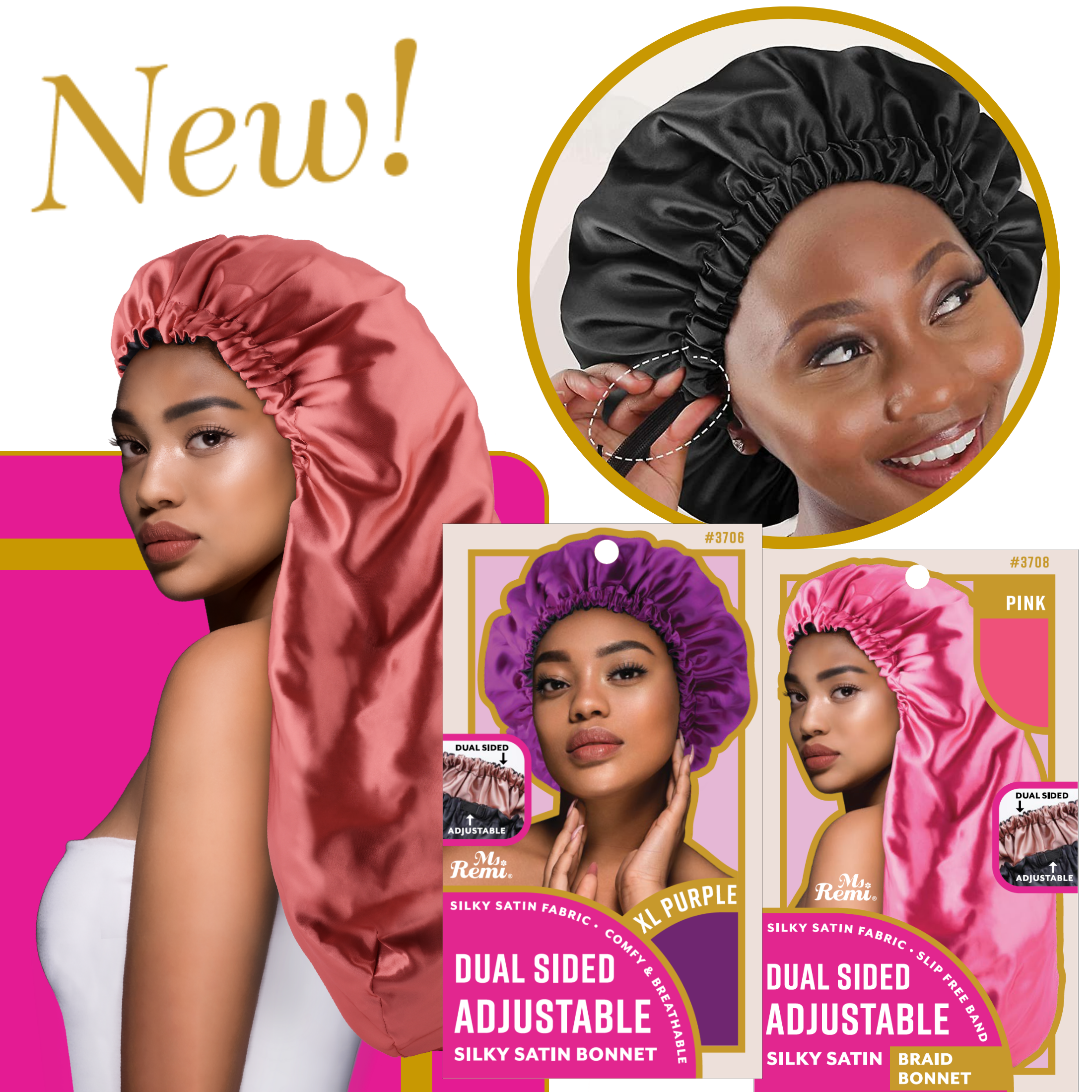 Ms. Remi Dual-Sided Adjustable Satin Braid Bonnet, 1 Count, Assorted Color