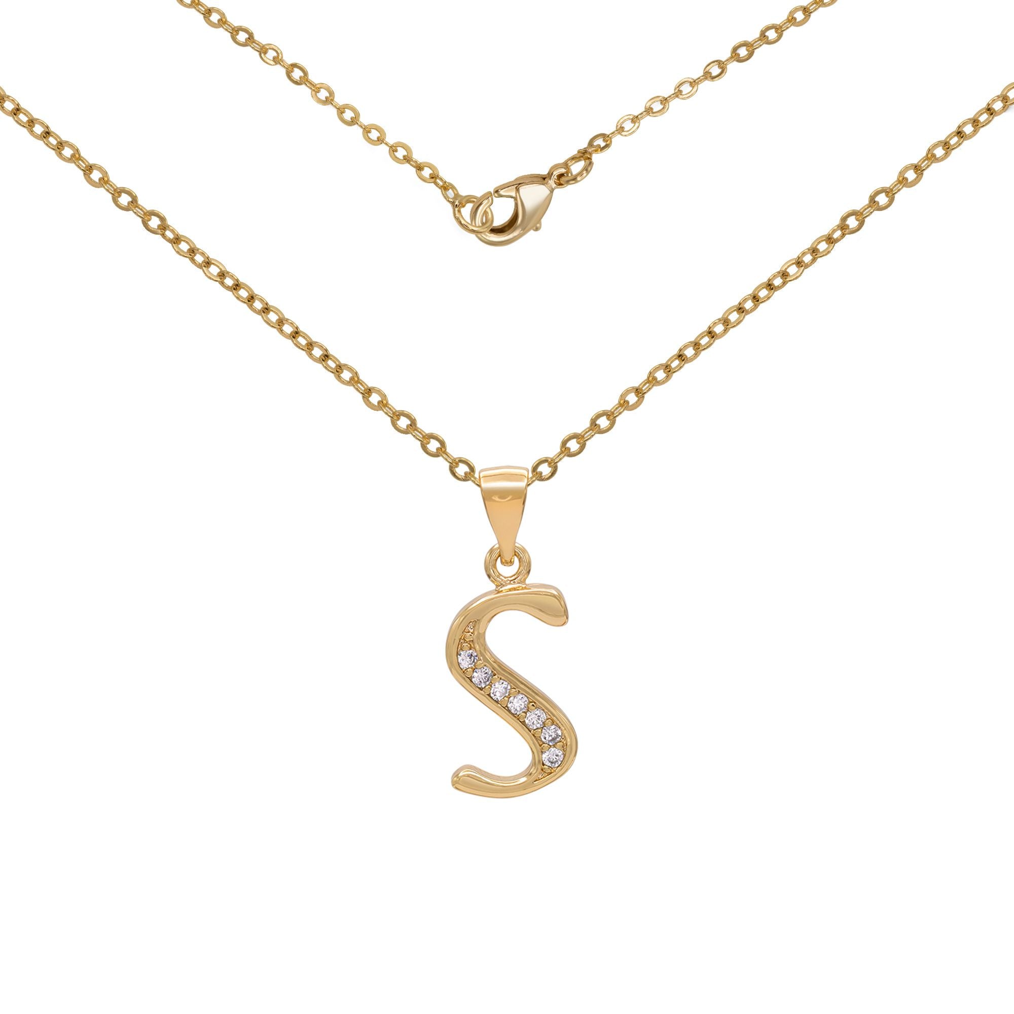 Initial Letter Pendant With Cubic Zirconia 18K Gold Filled Alphabet CZ Charm Rolo Chain Set 18" Necklace Women Girl Teen
