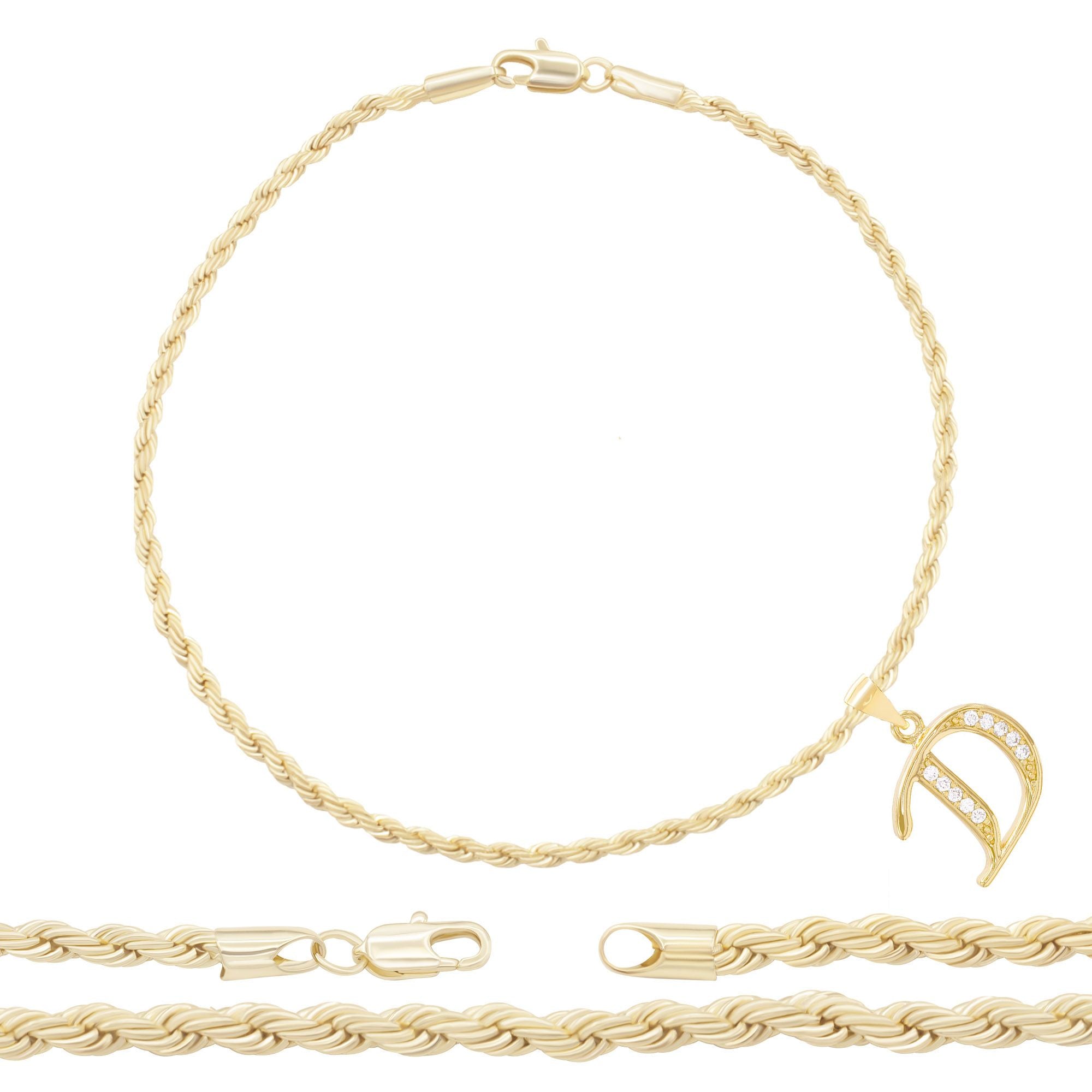 A-Z Initial Letter Pendant 14K Gold Filled Cubic Zirconia Rope Chain Anklet 10" Set 2.4 mm  Women Jewelry
