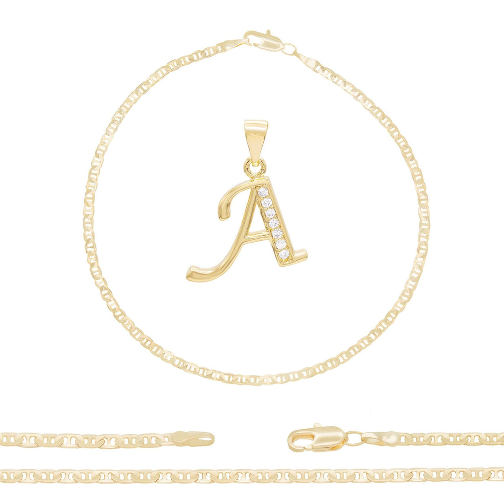A-Z Initial Letter Pendant 14K Gold Filled Cubic Zirconia Mariner Chain Anklet 10" Set 3.2 mm  Women Jewelry
