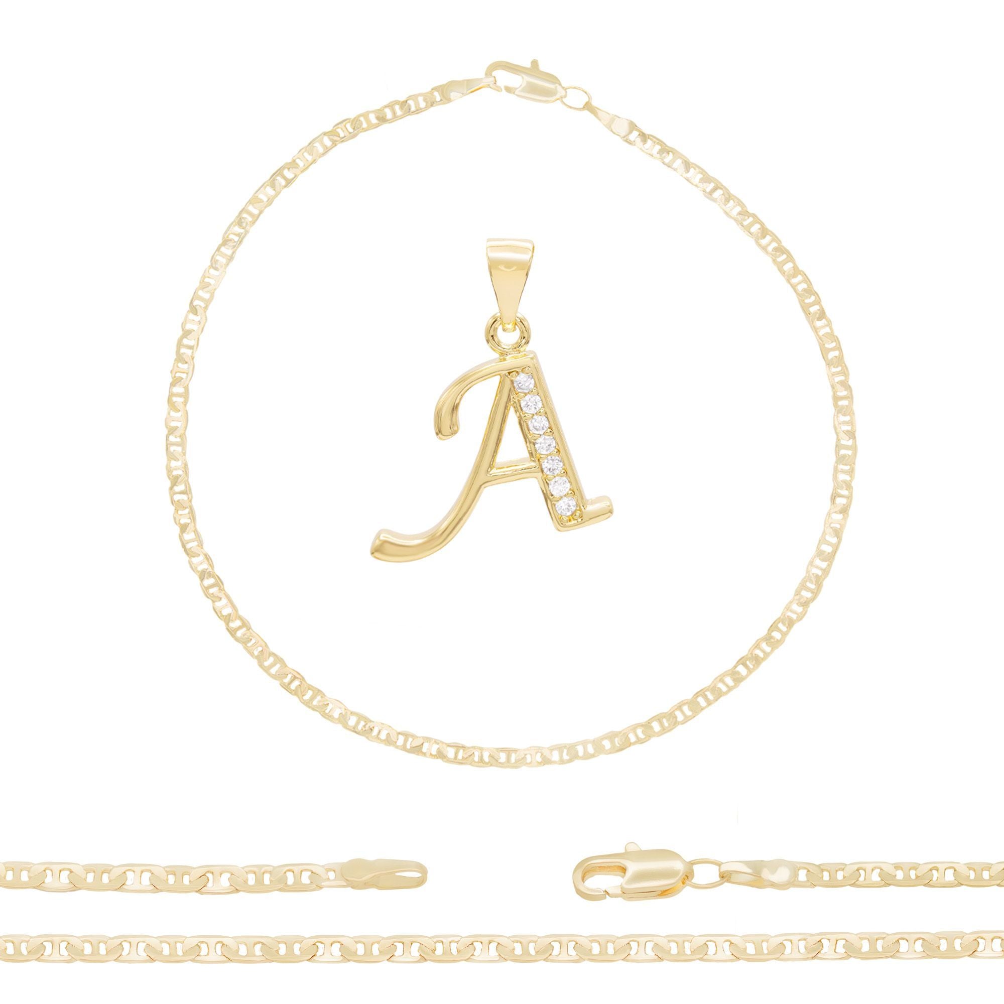 A-Z Initial Letter Pendant 14K Gold Filled Cubic Zirconia Mariner Chain Anklet 10" Set 3.2 mm  Women Jewelry