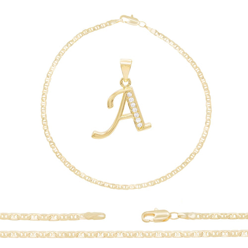 A-Z Initial Letter Pendant 14K Gold Filled Cubic Zirconia Mariner Chain Anklet 10" Set 3.2 mm  Women Jewelry